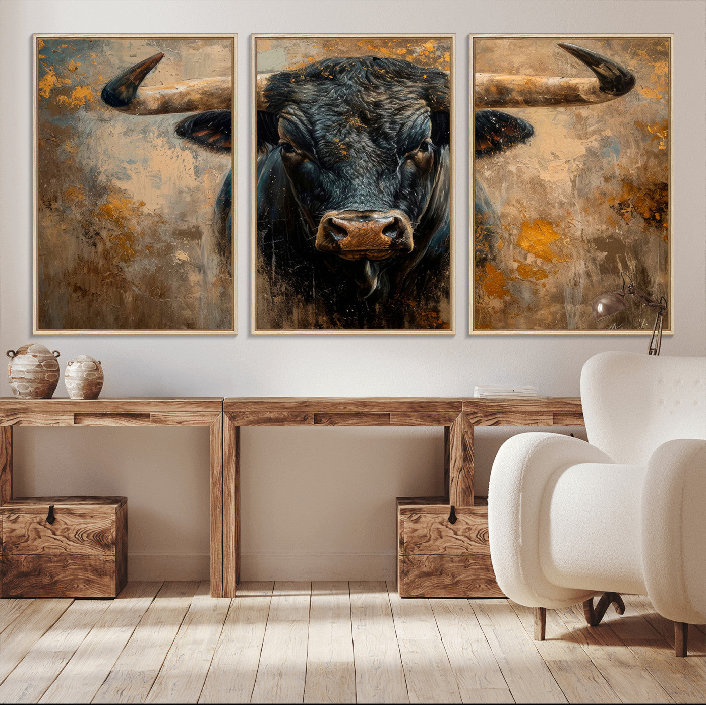 91615410-MGV-CV-36X24-Bull Wall Art – Rustic Western Longhorn Canvas Print, Powerful Abstract Animal Painting, Farmhouse Ranch Decor for Living Room,