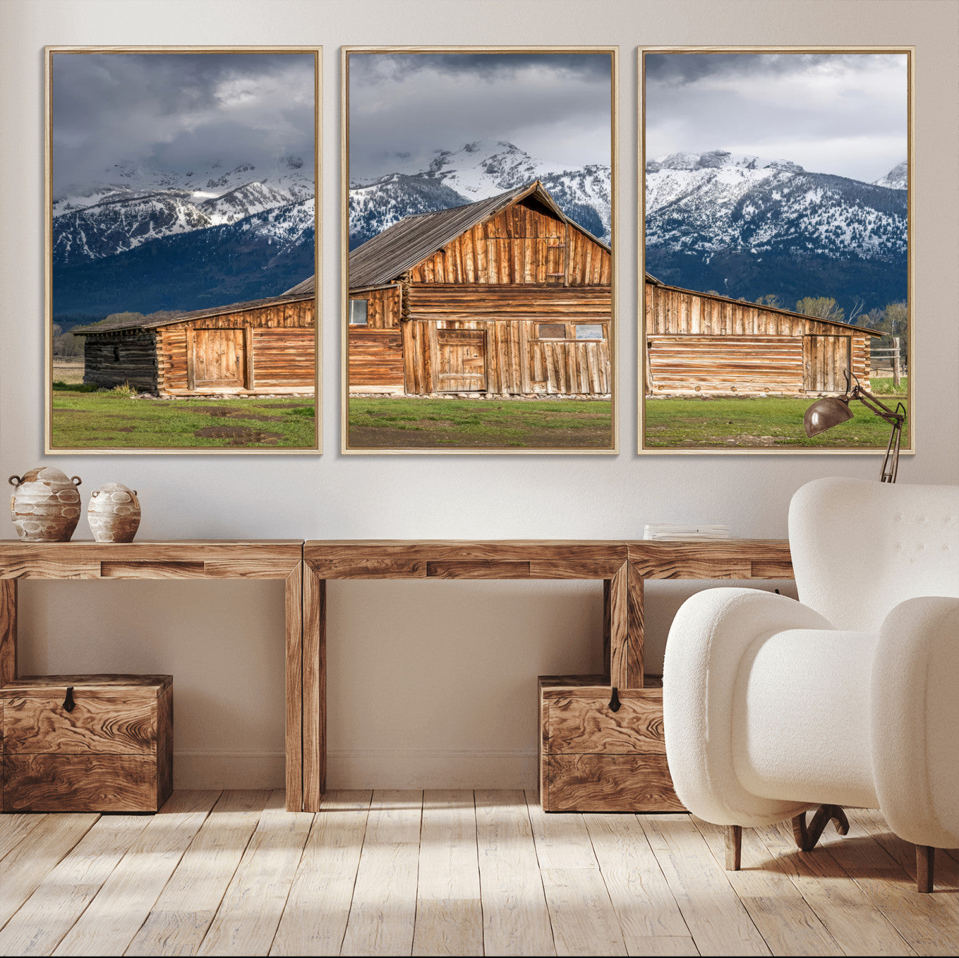 15173627-MGV-CV-36X24-Barn Wall Art – Rustic Wooden Cabin Canvas Print with Snowy Mountain Landscape, Western Farmhouse Country Decor for Living Room,
