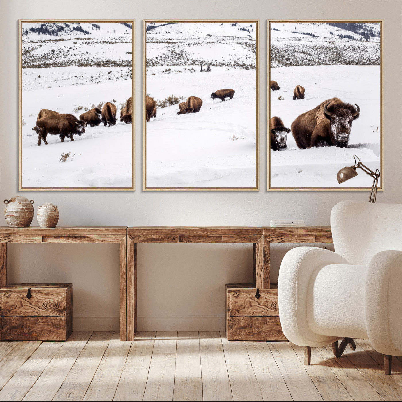 38217250-MGV-FC-60X30-3P_Natural-Bison Herd Wall Art – Wildlife Canvas Print of Buffalo Winter Snow Scene, Rustic Western Lodge Décor, Farmhouse & Cabin Nature
