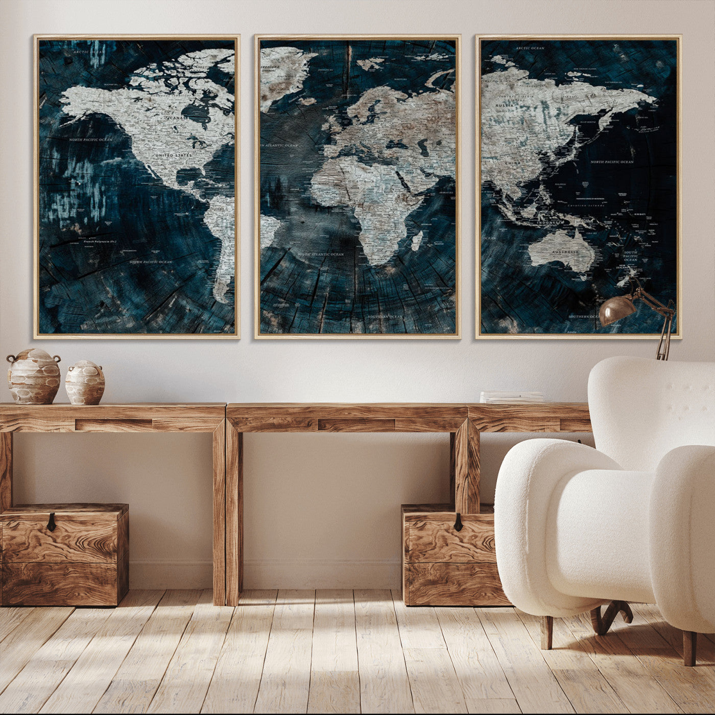 34425609-MGV-CV-36X24-World Map Wall Art – Rustic Navy and Grey Atlas Canvas Print, Distressed Explorer Map Artwork, Industrial Style Decor for Office,