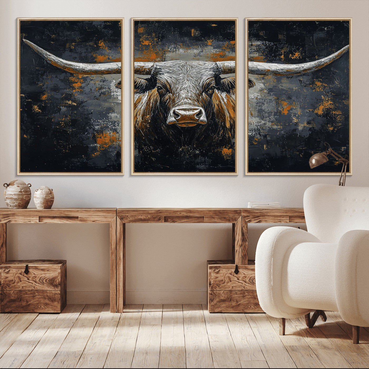 93195031-MGV-FC-60X30-3P_Natural-Dark Longhorn Bull Wall Art – Western Steer Canvas Print, Moody Rustic Animal Painting for Man Cave, Ranch House, Office or Modern