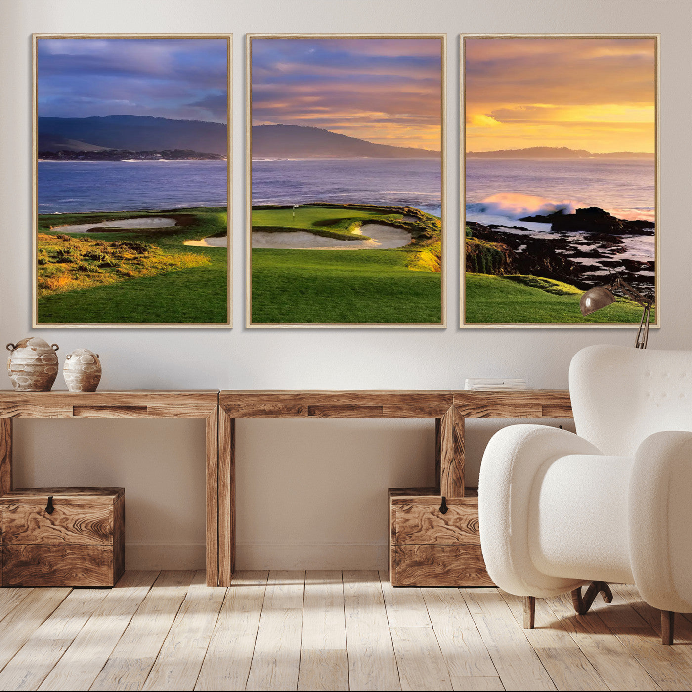 39644075-MGV-CV-36X24-Golf Course Wall Art – Coastal Sunset Canvas Print, Scenic Oceanfront Fairway Landscape Decor for Office, Man Cave, or Living Room
