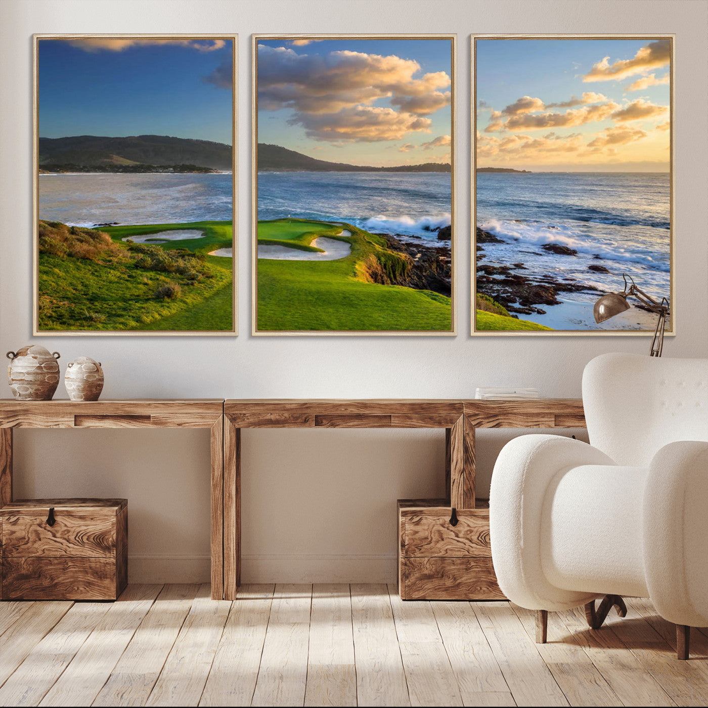 50107048-MGV-FC-60X30-3P_Natural-Golf Course Wall Art – Coastal Ocean View Canvas Print, Scenic Fairway Landscape Decor for Office, Man Cave, Bedroom, or Living