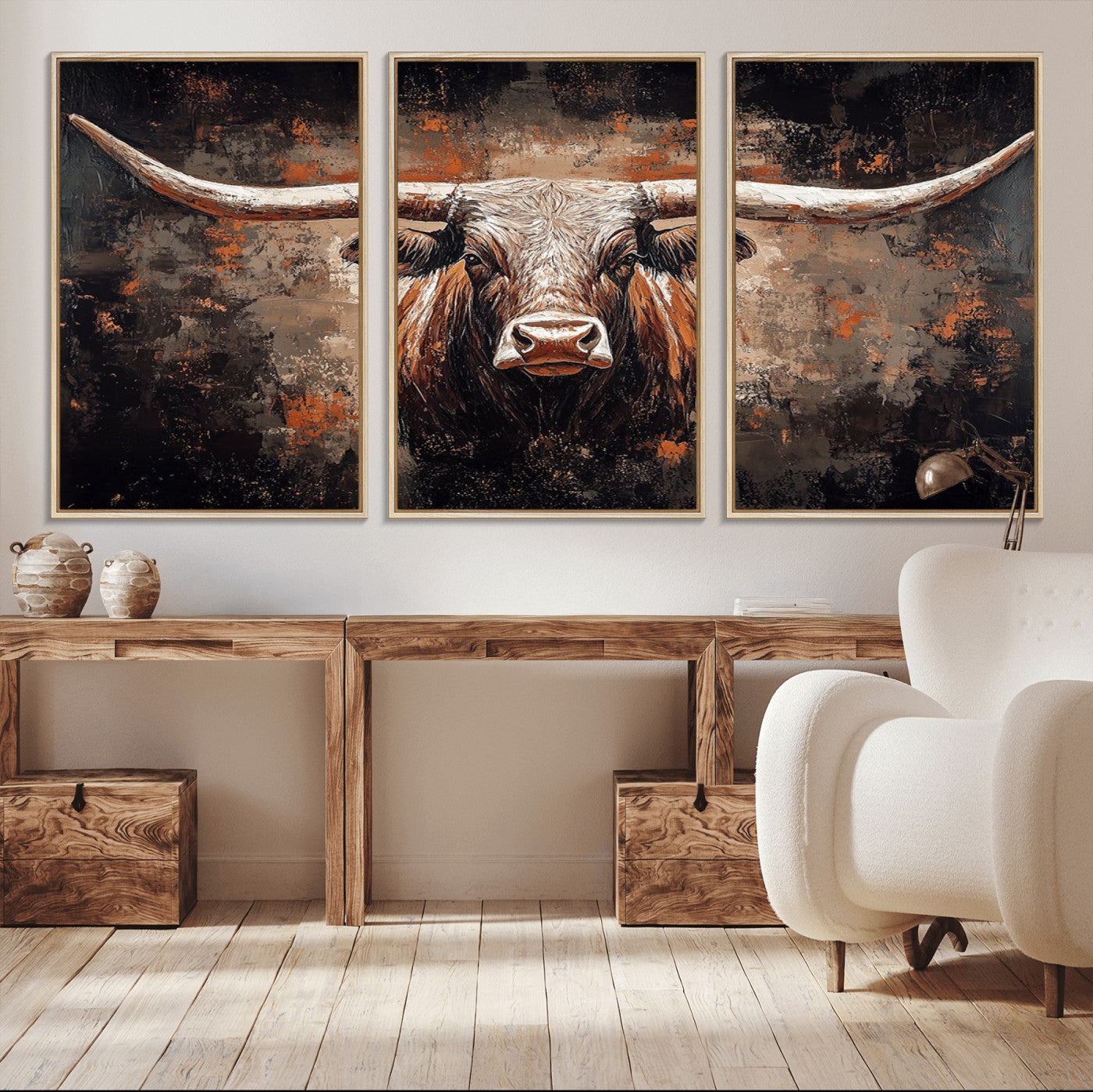 24779067-MGV-CV-36X24-Longhorn Bull Wall Art – Western Rustic Canvas Print, Bold Cowboy Cattle Painting for Ranch House, Farmhouse, Office, or Living