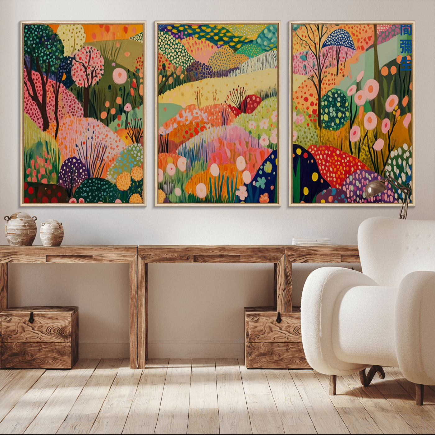 79636380-MGV-CV-36X24-Colorful Abstract Landscape Wall Art – Vibrant Hills and Flowers Canvas Print, Modern Whimsical Artwork for Living Room, Bedroom,