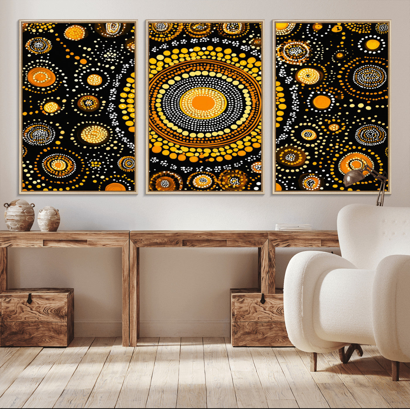 45478523-MGV-FC-60X30-3P_Natural-Abstract Circle Wall Art – Bold Black and Gold Dot Painting Canvas Print, Modern Geometric Mandala Style Decor for Living Room or