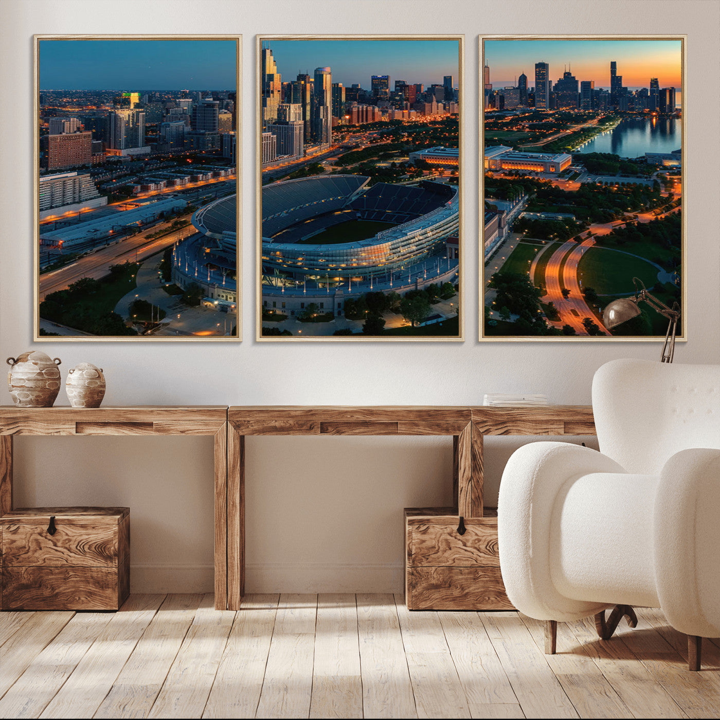 36690345-MGV-CV-36X24-Soldier Field Wall Art – Chicago Bears Stadium Aerial Night Canvas Print, City Skyline Football Decor for Living Room, Office, or