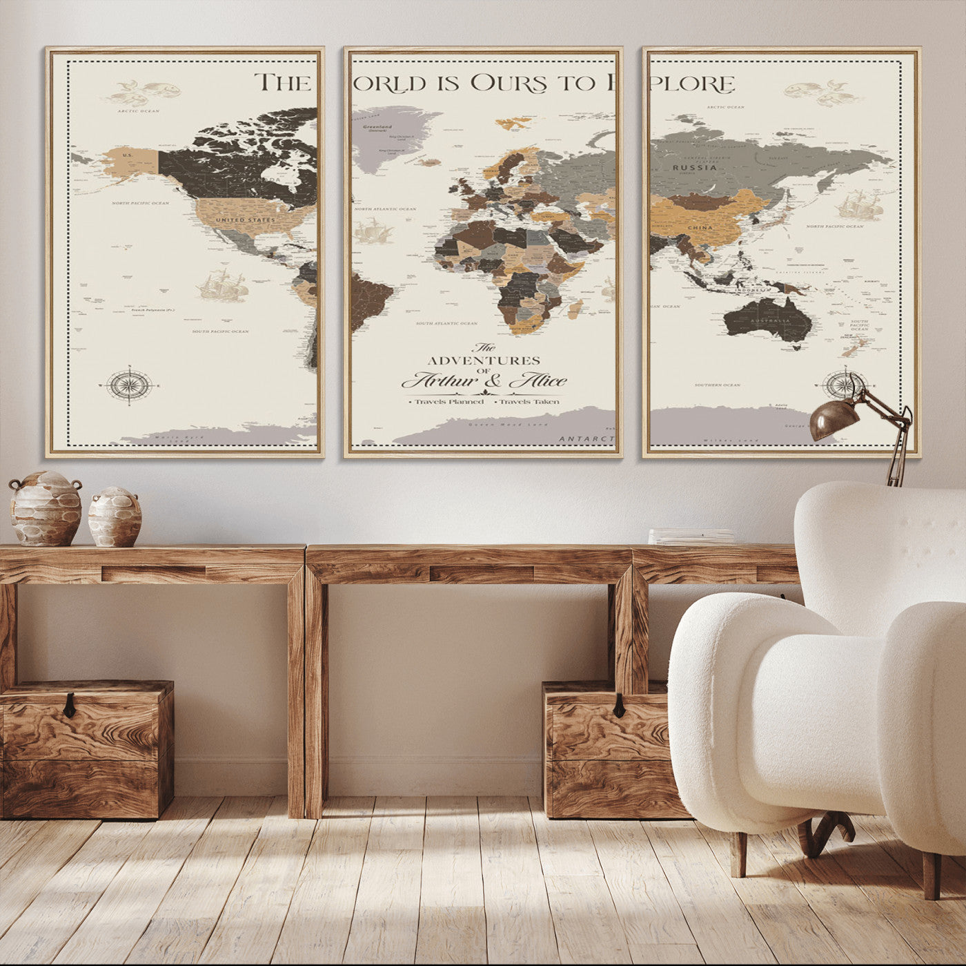 90024882-MGV-CV-36X24-The World is Ours to Explore Wall Art – Earth Tone World Map Canvas Print, Adventure Travel Decor for Living Room, Office or
