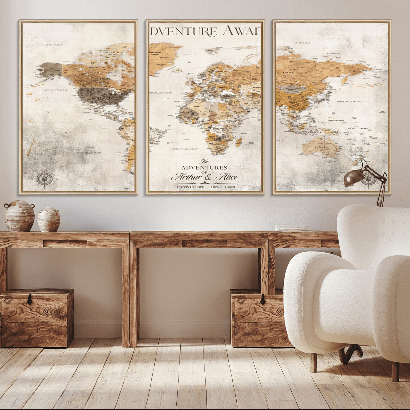 99422096-MGV-CV-36X24-Adventure Awaits World Map Wall Art – Neutral Beige Canvas Print, Modern Travel Inspired Wall Decor for Living Room, Bedroom or