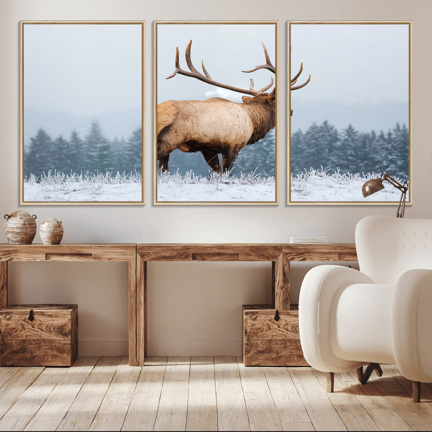85177251-MGV-CV-36X24-Elk Wall Art – Majestic Wildlife Canvas Print of Bull Elk Snowy Forest, Rustic Nature Decor for Living Room, Cabin, or Office