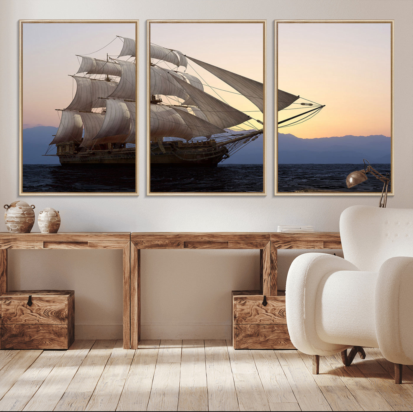 31270610-MGV-CV-36X24-Sailing Ship Wall Art – Sunset Seascape Canvas Print with Tall Ship at Sea, Nautical Ocean Decor for Living Room, Office, or