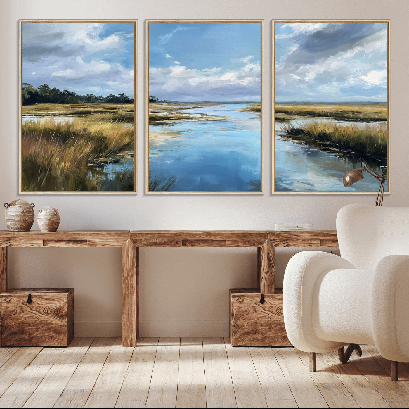 87082041-MGV-CV-36X24-Painted Marshland Canvas Wall Art – Serene Water Reflection, Blue Sky, Golden Grass Landscape, Calm Nature Decor for Home, Office,