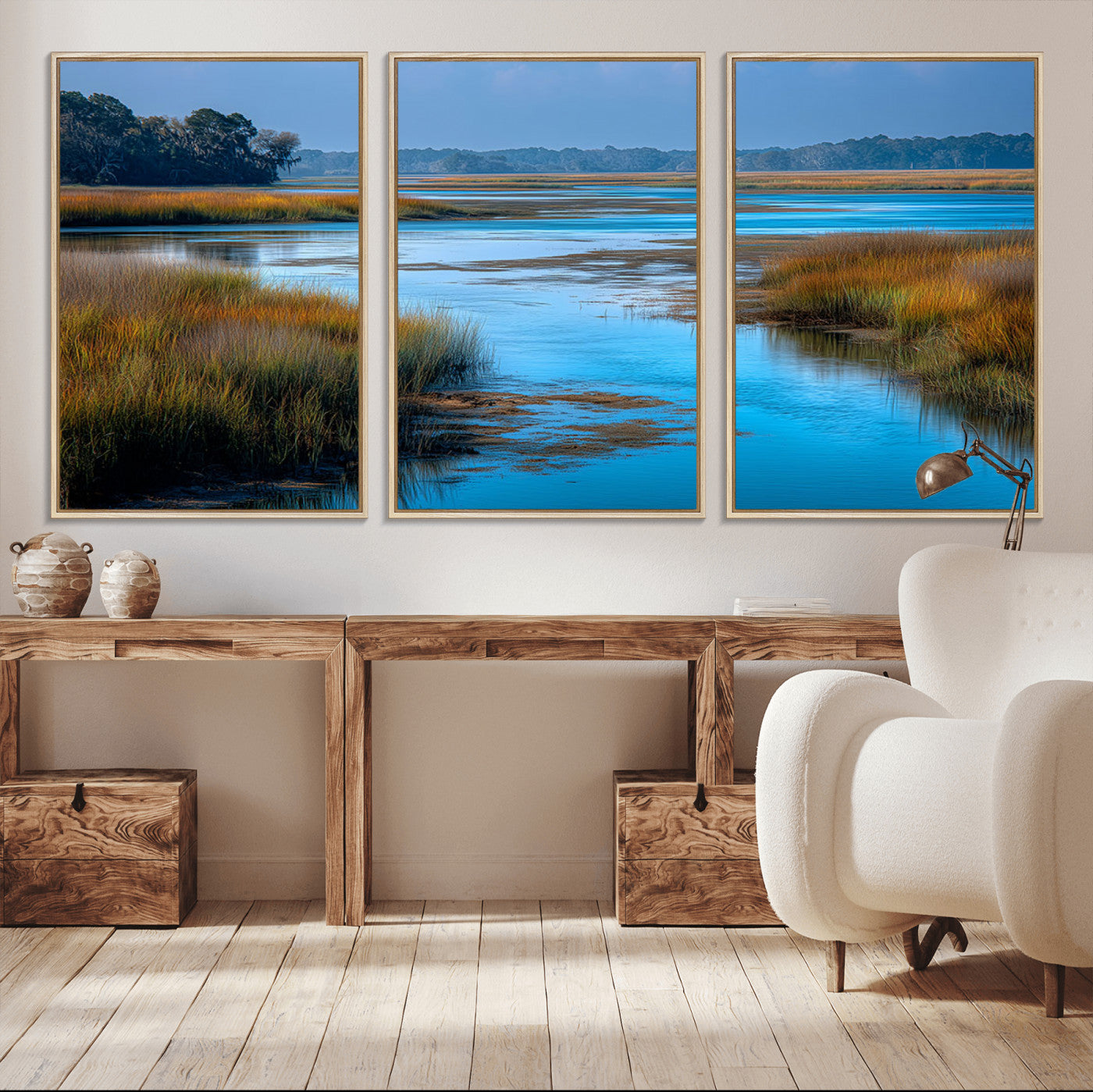 26300004-MGV-CV-36X24-Marshland Landscape Wall Art – Scenic Nature Canvas Print with Golden Grass and Blue Water, Peaceful River Photography for Living