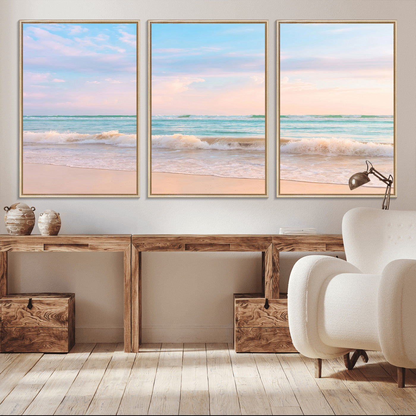 88024944-MGV-CV-36X24-Serene Ocean Waves Canvas Wall Art – Pastel Sky, Soft Sand Beach, Tranquil Seascape, Calm Water Coastal Nature, Relaxing Peaceful