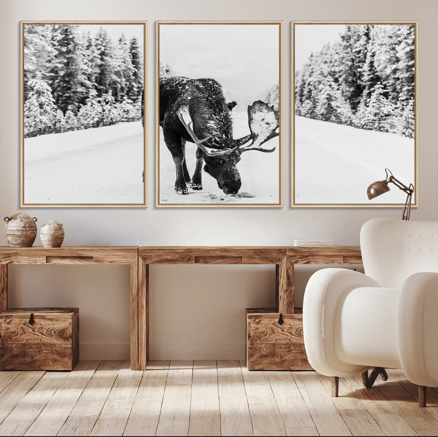 38956835-MGV-CV-36X24-Moose Winter Snowy Forest Canvas Wall Art – Wildlife Nature, Antlers in Frozen Landscape, Quiet Path, Cold Season Outdoors Print