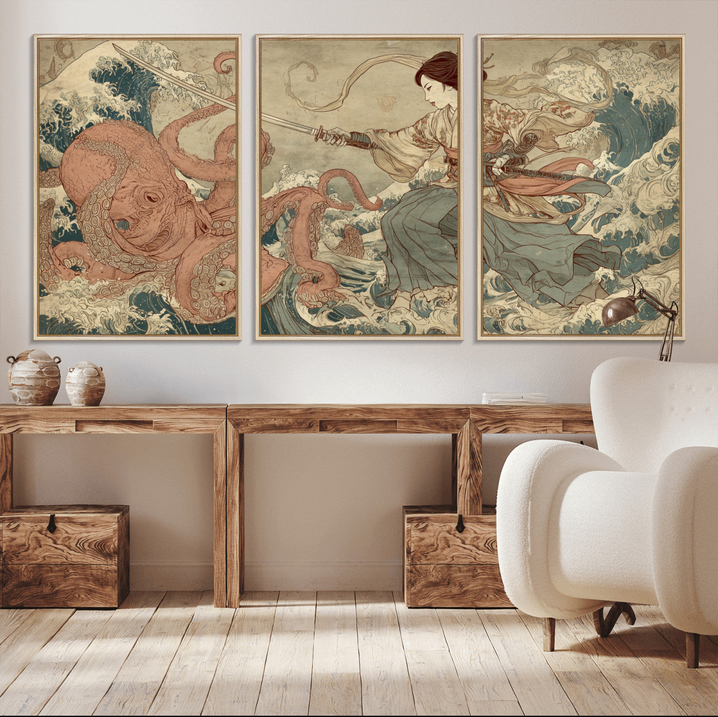 54879547-MGV-CV-36X24-Samurai Woman Wall Art – Japanese Ukiyo-e Style Canvas Print with Katana and Octopus, Traditional Asian Inspired Battle Artwork