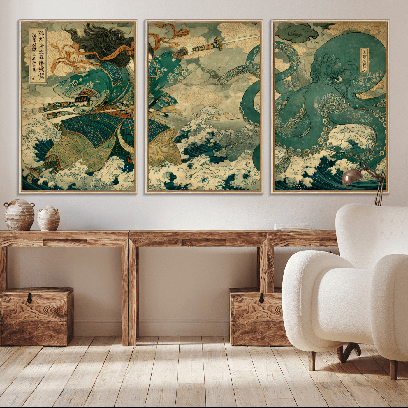 24416422-MGV-CV-36X24-Tsukioka Yoshitoshi Samurai Wall Art Print, Japanese Katana Warrior Canvas Wall Art, Octopus Sea Monster Canvas Print,