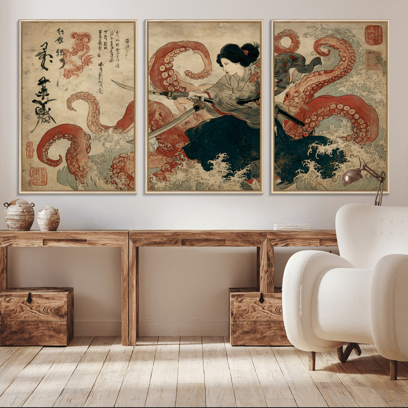 50812504-MGV-CV-36X24-Samurai Woman vs Octopus Wall Art – Japanese Ukiyo-e Red Tentacle Canvas Print, Ocean Battle Artwork for Living Room, Office, Man