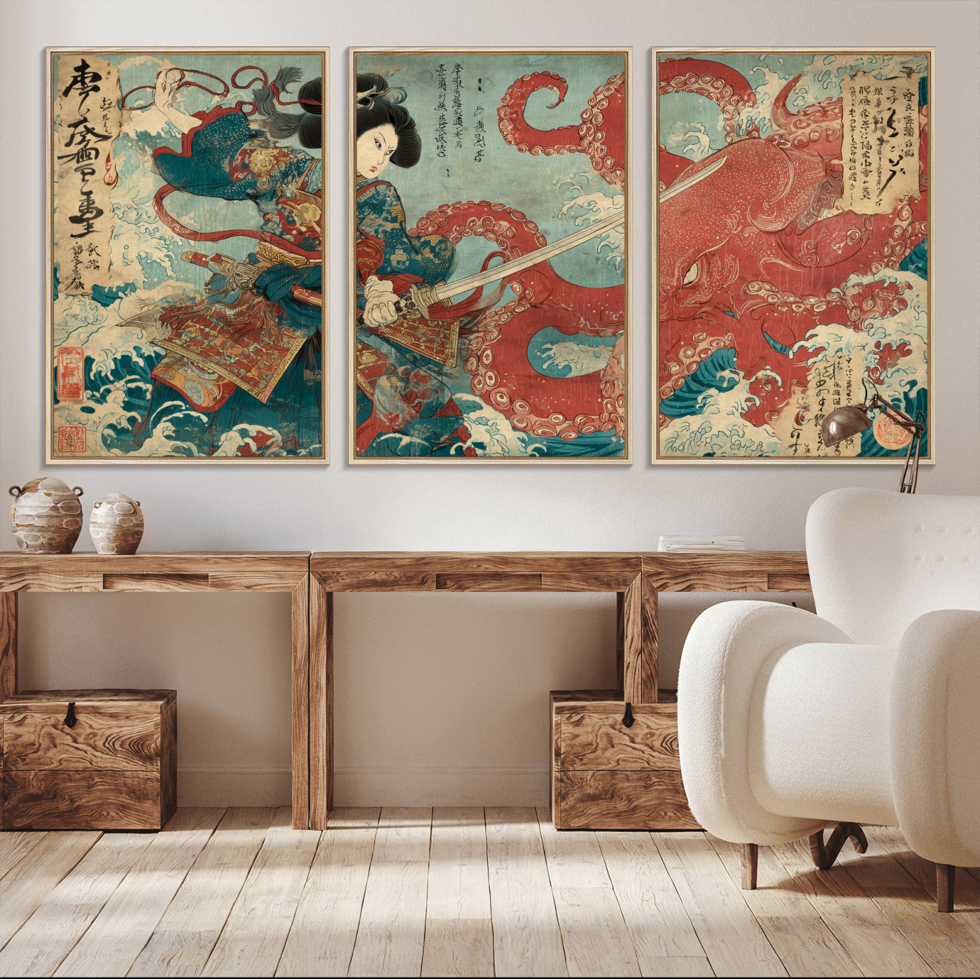 68844327-MGV-CV-36X24-Tsukioka Yoshitoshi Samurai Wall Art Print, Japanese Katana Warrior Canvas Wall Art, Octopus Sea Monster Canvas Print,