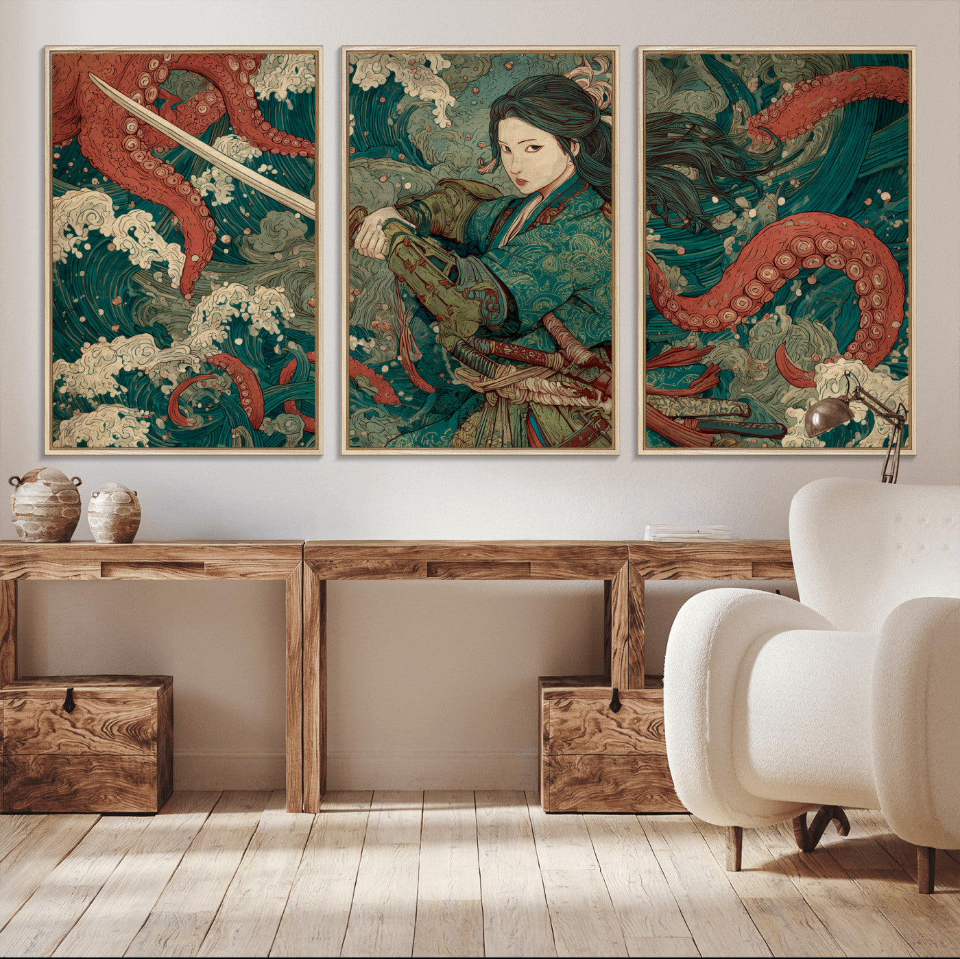 35461724-MGV-FC-60X30-3P_Natural-Samurai Woman vs Octopus Wall Art – Japanese Ukiyo-e Ocean Waves Canvas Print, Red Tentacle Battle Artwork for Living Room,