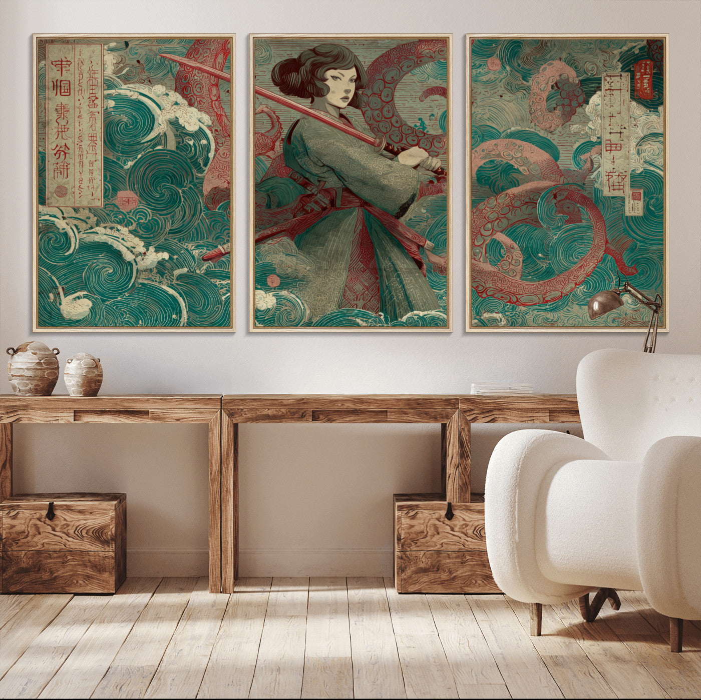 91666601-MGV-CV-36X24-Samurai Woman vs Octopus Wall Art – Japanese Ukiyo-e Green Robe Canvas Print, Ocean Battle Artwork for Living Room, Office, Man