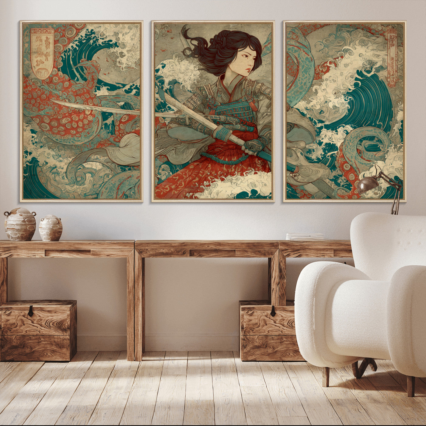 37797255-MGV-CV-36X24-Samurai Woman vs Octopus Wall Art – Japanese Ukiyo-e Red Armor Ocean Battle Canvas Print, Warrior Artwork for Living Room, Office,