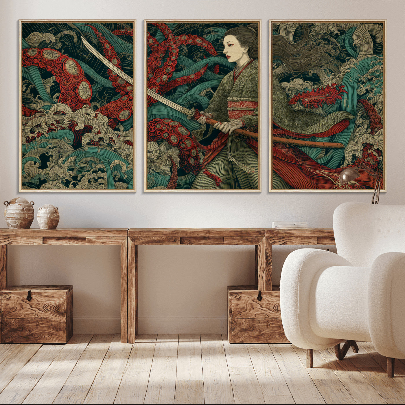 18902796-MGV-CV-36X24-Samurai Woman vs Octopus Wall Art – Japanese Ukiyo-e Green Kimono Canvas Print, Ocean Battle Scene Artwork for Living Room,