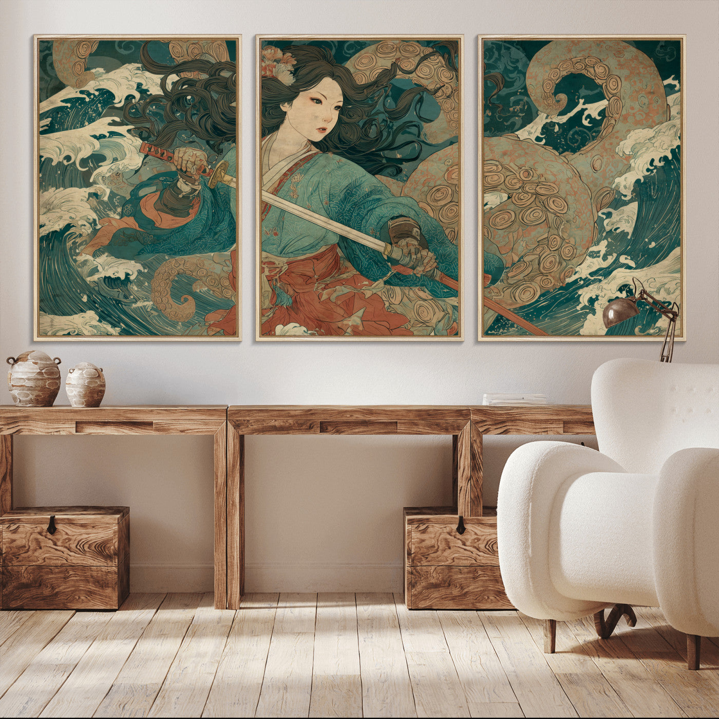 79740258-MGV-CV-36X24-Samurai Woman vs Octopus Wall Art – Japanese Ukiyo-e Blue Kimono Canvas Print, Ocean Battle Artwork for Living Room, Office, Man