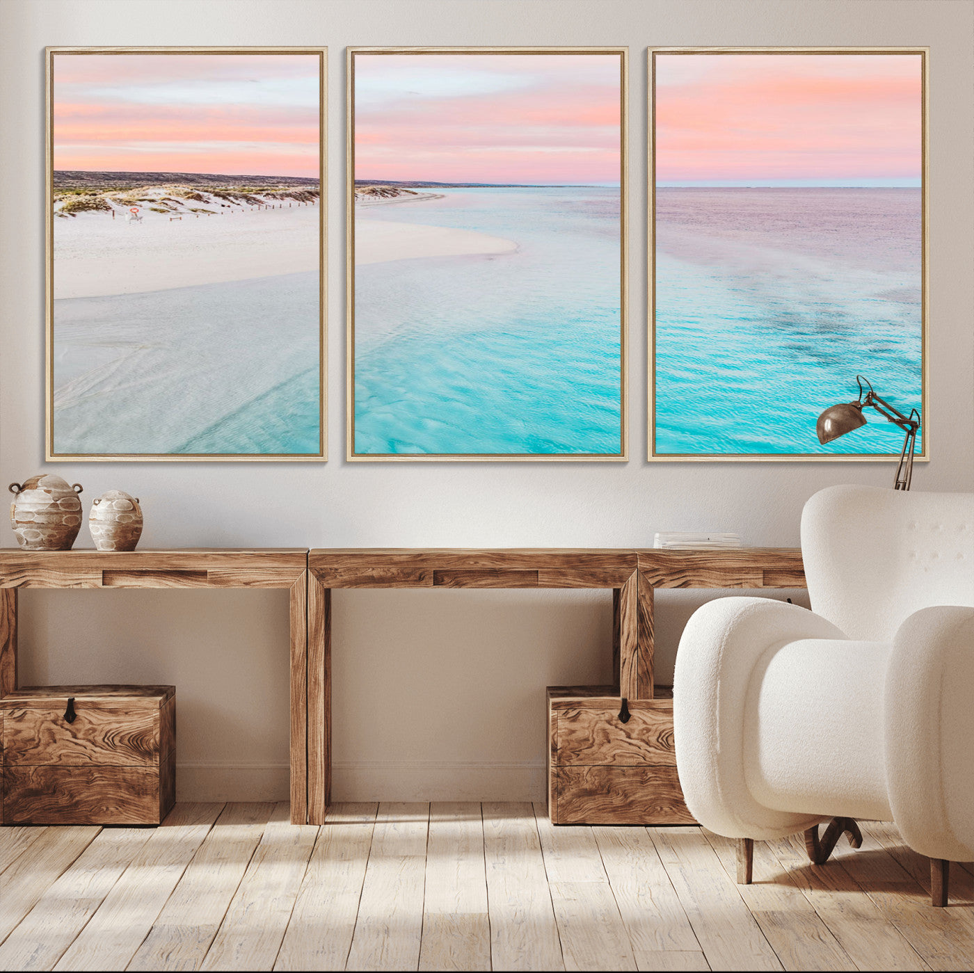 41613614-MGV-CV-36X24-Beach Sunset Wall Art – Pastel Ocean Canvas Print, Turquoise Water and Pink Sky Photography Decor for Bedroom, Living Room, Office