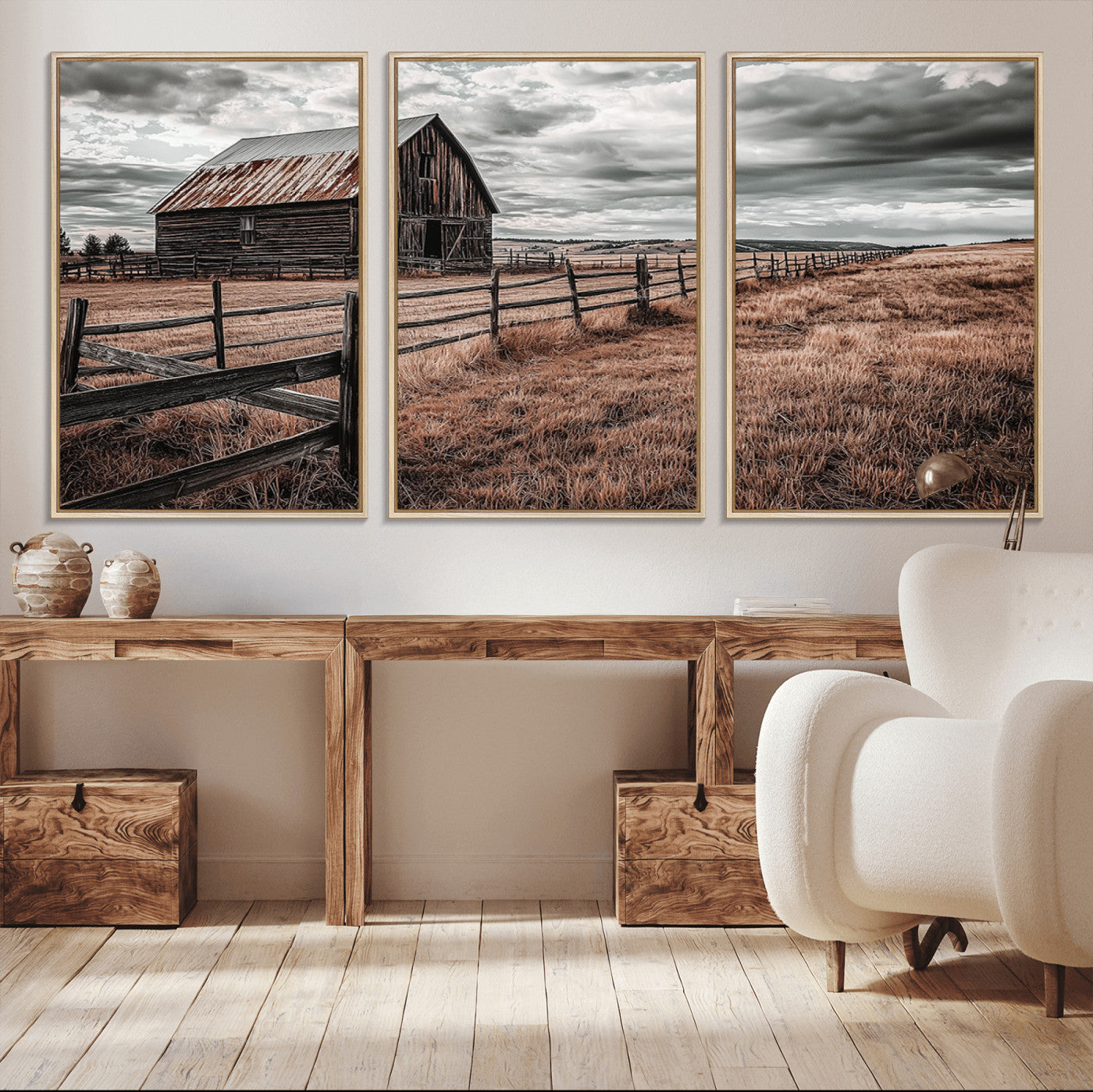70676381-MGV-FC-60X30-3P_Natural-Rustic Barn Wall Art – Weathered Farmhouse Canvas Print, Country Landscape Photography Decor for Bedroom, Living Room, Office,