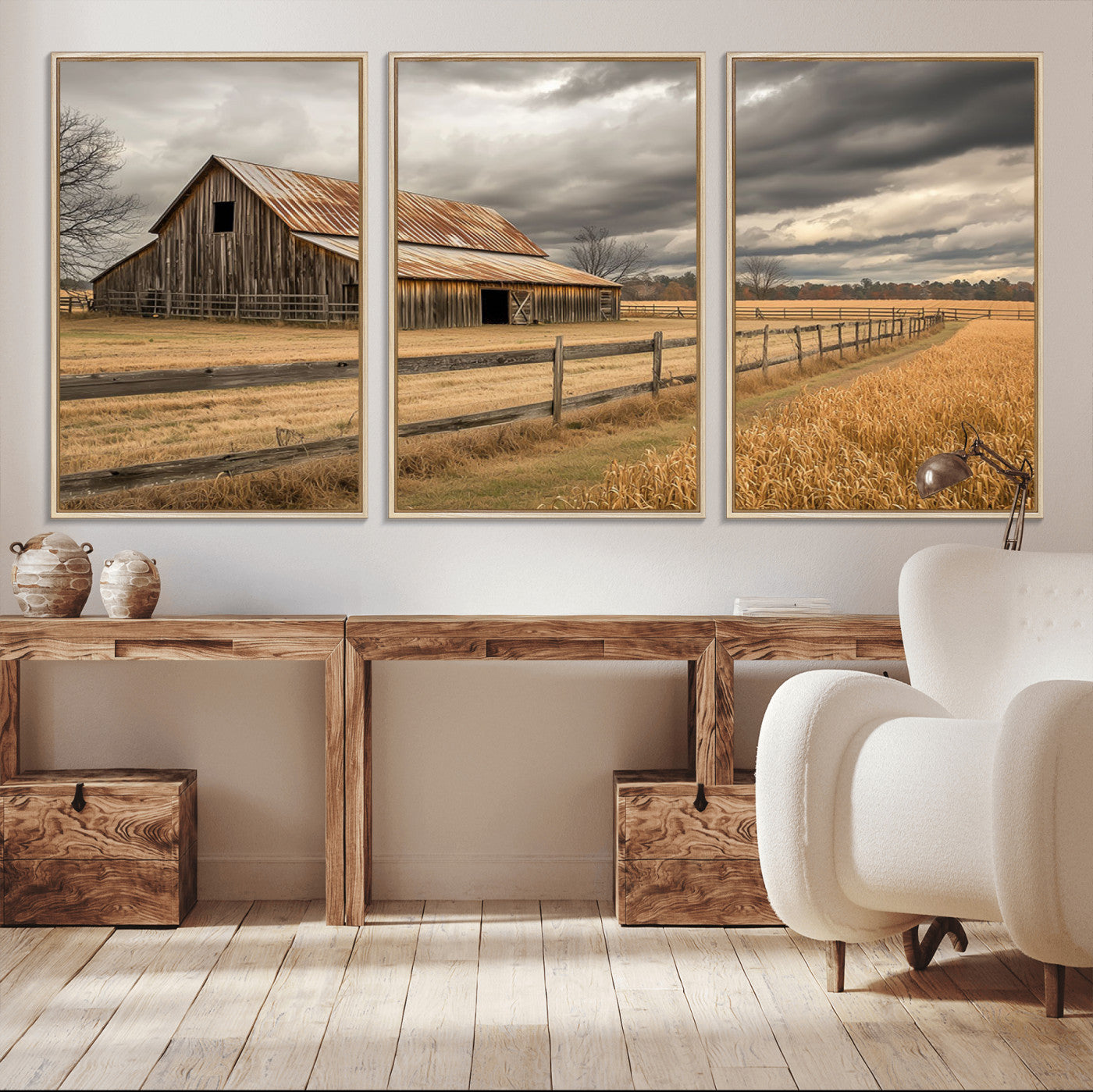 21991117-MGV-CV-36X24-Rustic Barn Wall Art – Weathered Farmhouse Canvas Print, Stormy Sky and Golden Field Photography Decor for Bedroom, Living Room,