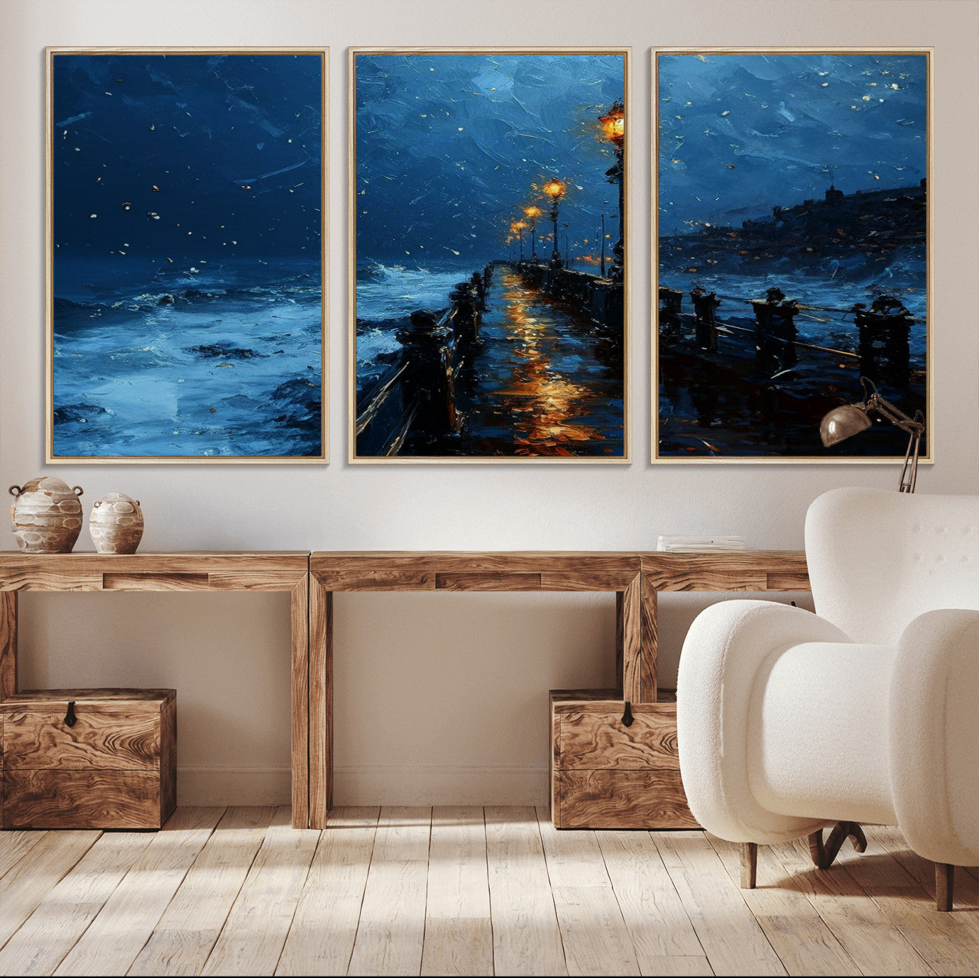 48300530-MGV-CV-36X24-Dark Stormy Pier Canvas Wall Art – Moody Ocean Night Scene with Street Lamps, Blue Coastal Seascape Print for Bedroom, Office, or