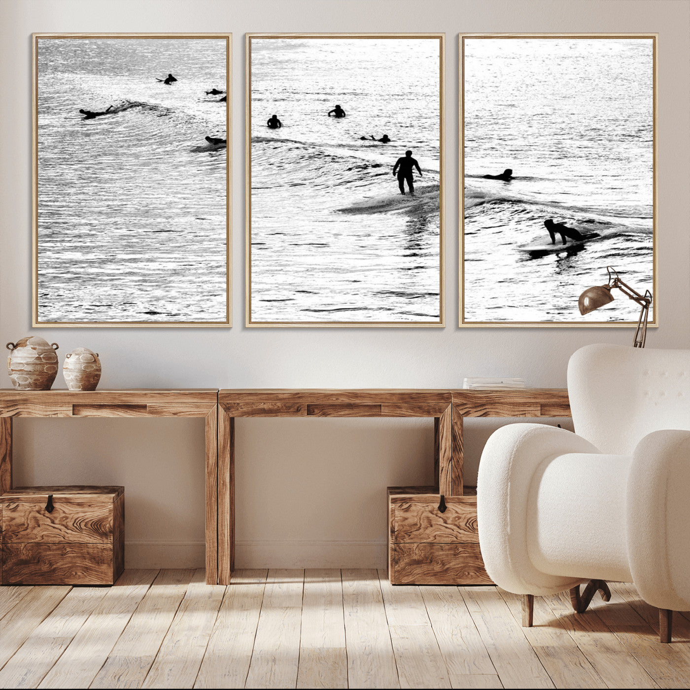 68018616-MGV-CV-36X24-Black and White Surf Photography Print – Minimalist Ocean Wall Art, Surfers Riding Waves, Coastal Beach Decor for Modern Home or