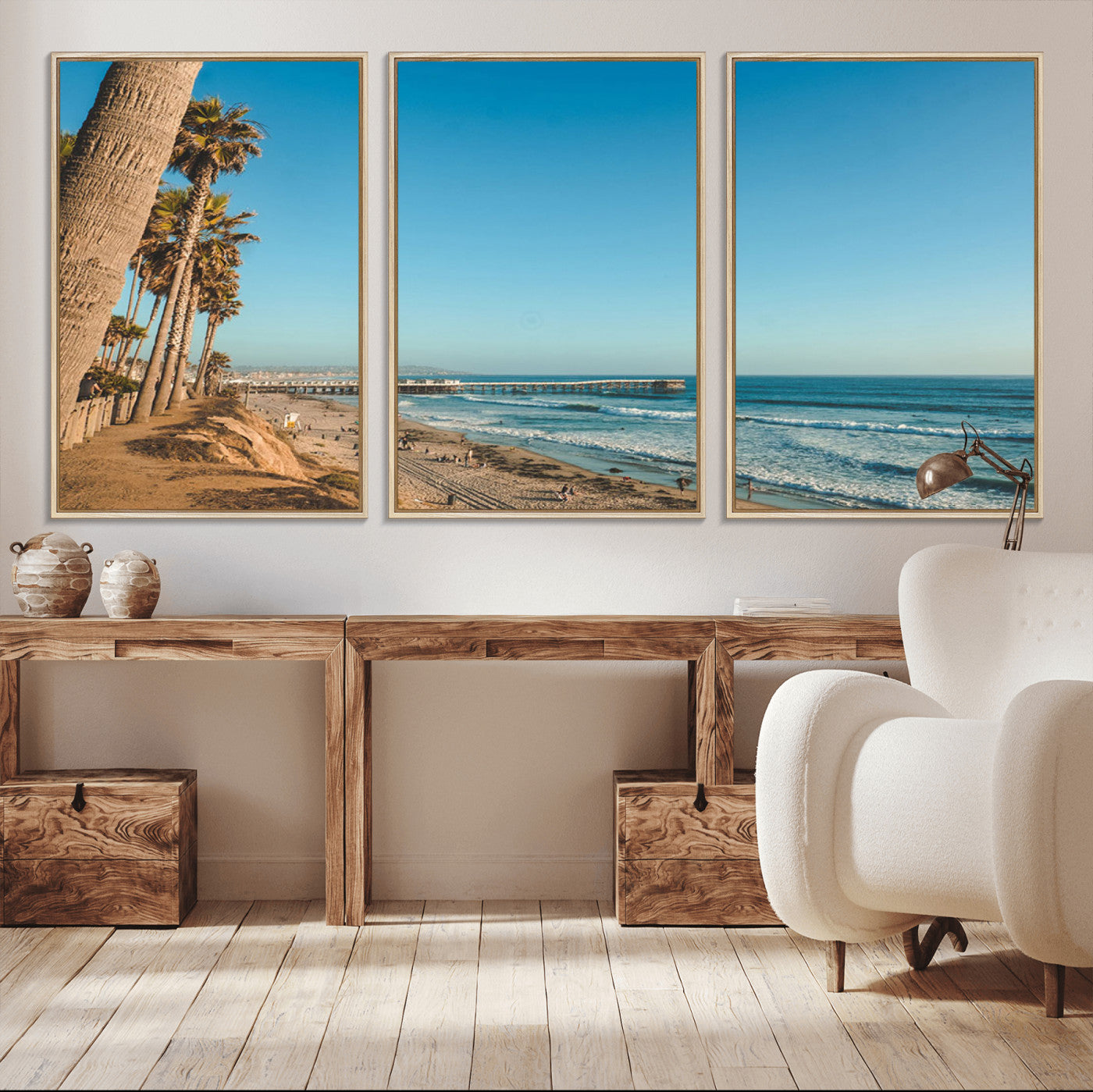 92568259-MGV-CV-36X24-California Beach Wall Art – Palm Tree Pier Canvas Print, Coastal Ocean Photography Seaside Decor for Living Room, Bedroom, Office,