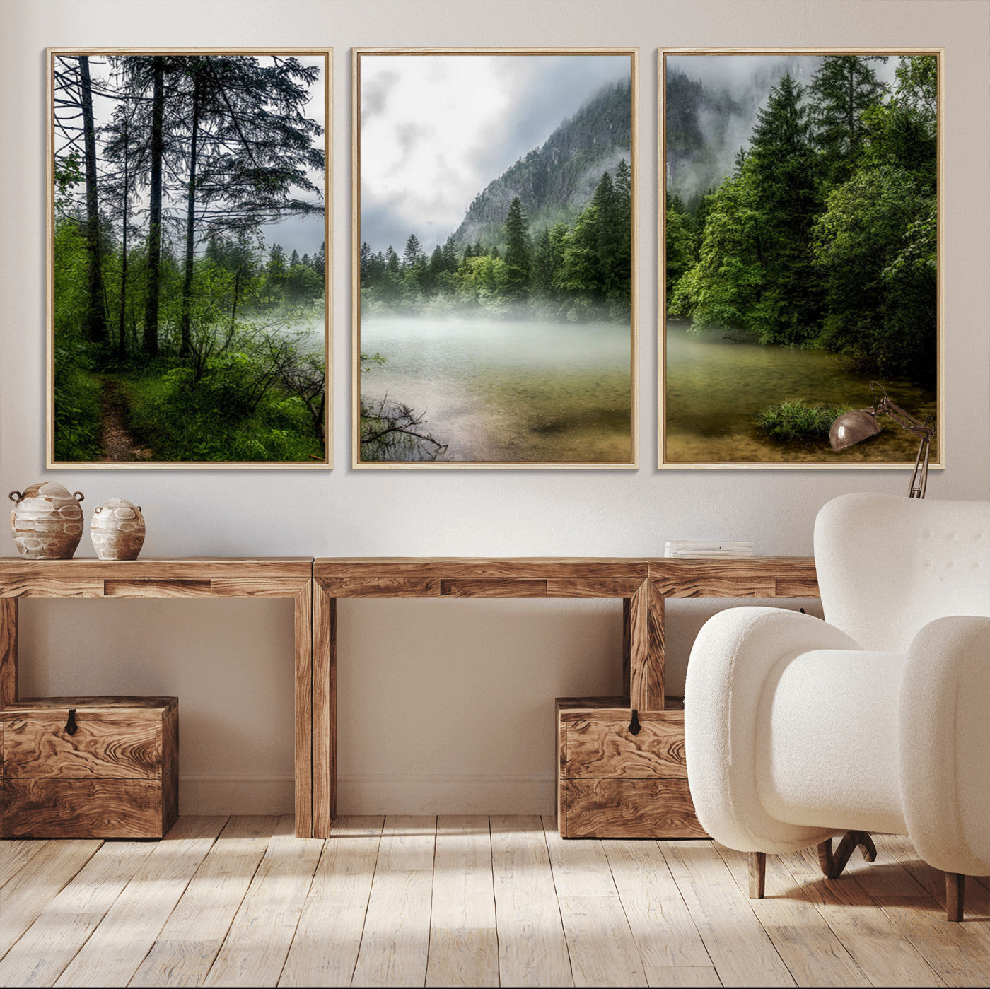 93123937-MGV-CV-36X24-Landscape Wall Art – Misty Mountain Lake Canvas Print, Tranquil Forest and Waterfall Photography Decor for Bedroom, Living Room,