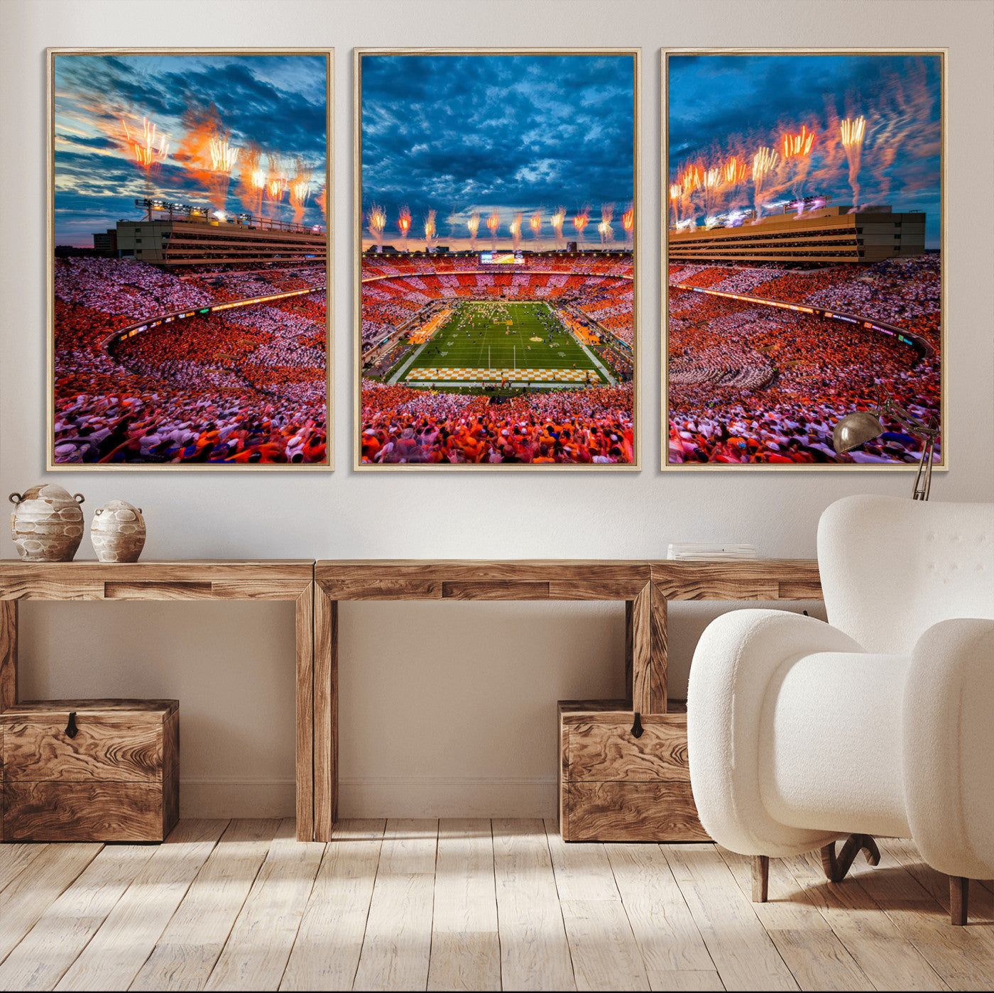 94266219-MGV-CV-36X24-Neyland Stadium Wall Art – Panoramic Tennessee Volunteers Checkerboard Crowd Fireworks Canvas Print, Football Game Day Sports