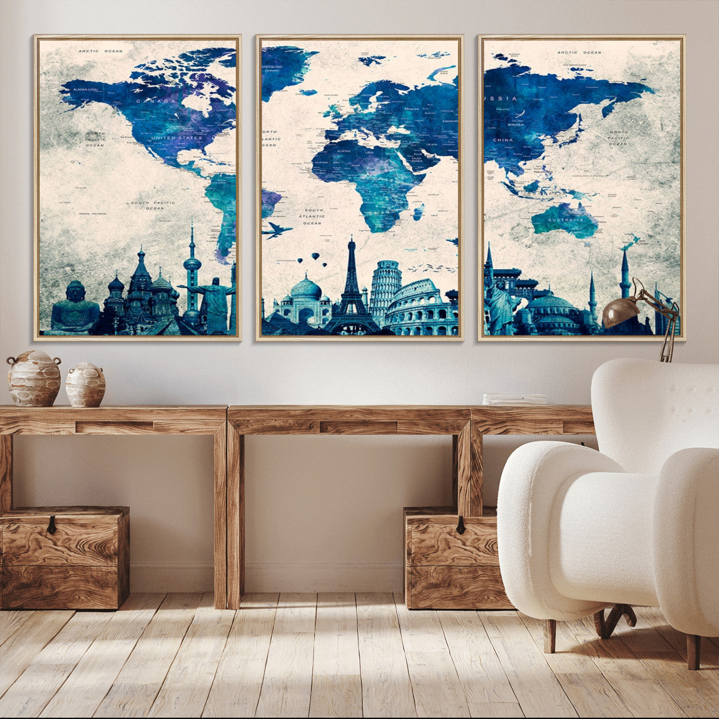 MGV-FC-60X30-3P - Blue World Map Wall Art Canvas Print, Framed Iconic Landmarks Art Picture Print, Blue Globe Map Perfect Elegant Explorer Decor Artwork