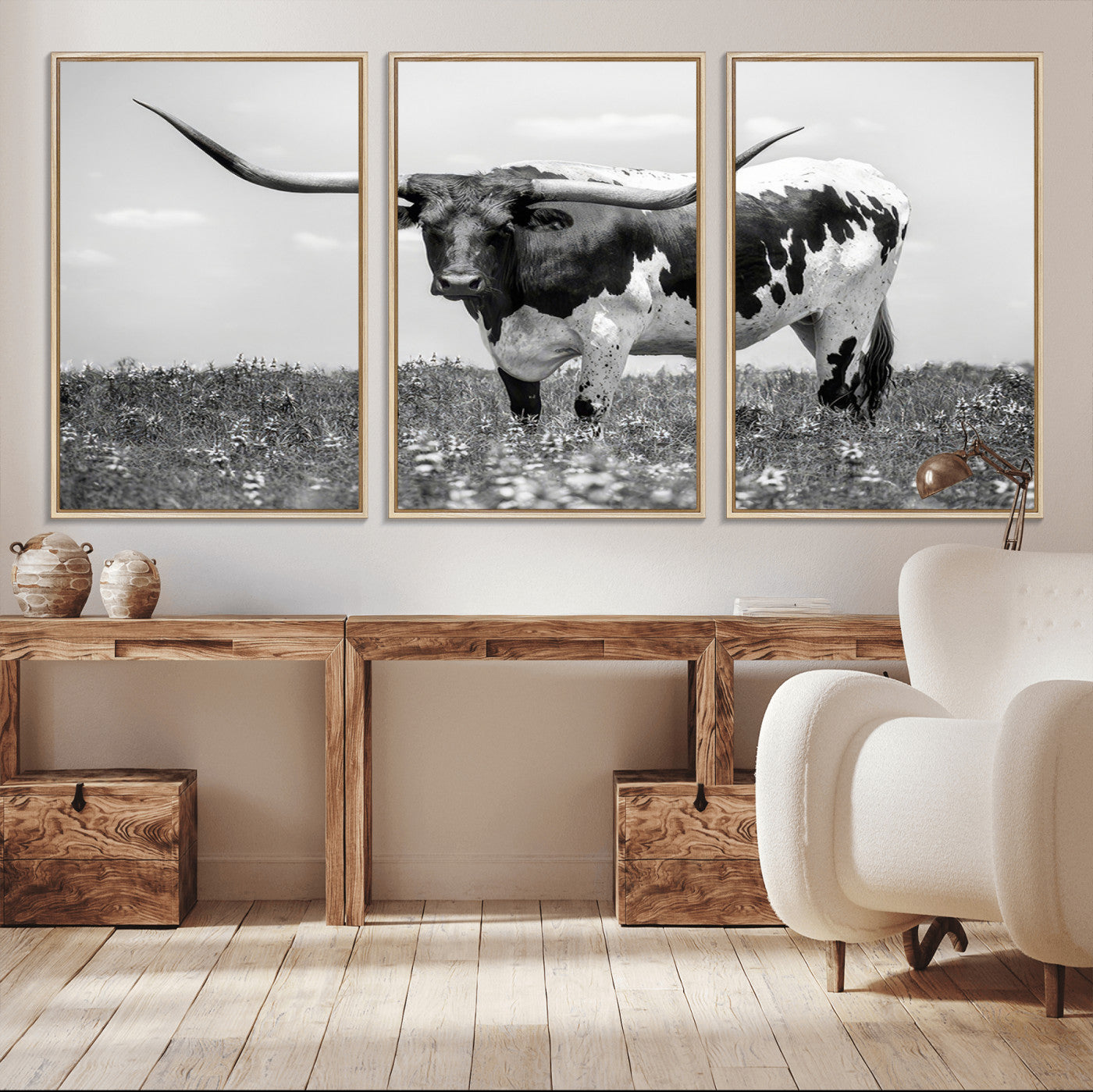 83785-MGV-FC-60X30-3P_Natural-Texas Longhorn Wall Art Canvas Print, Framed Horned Bull Art Picture Print, Monochrome Cattle Perfect Rustic Western Decor Artwork