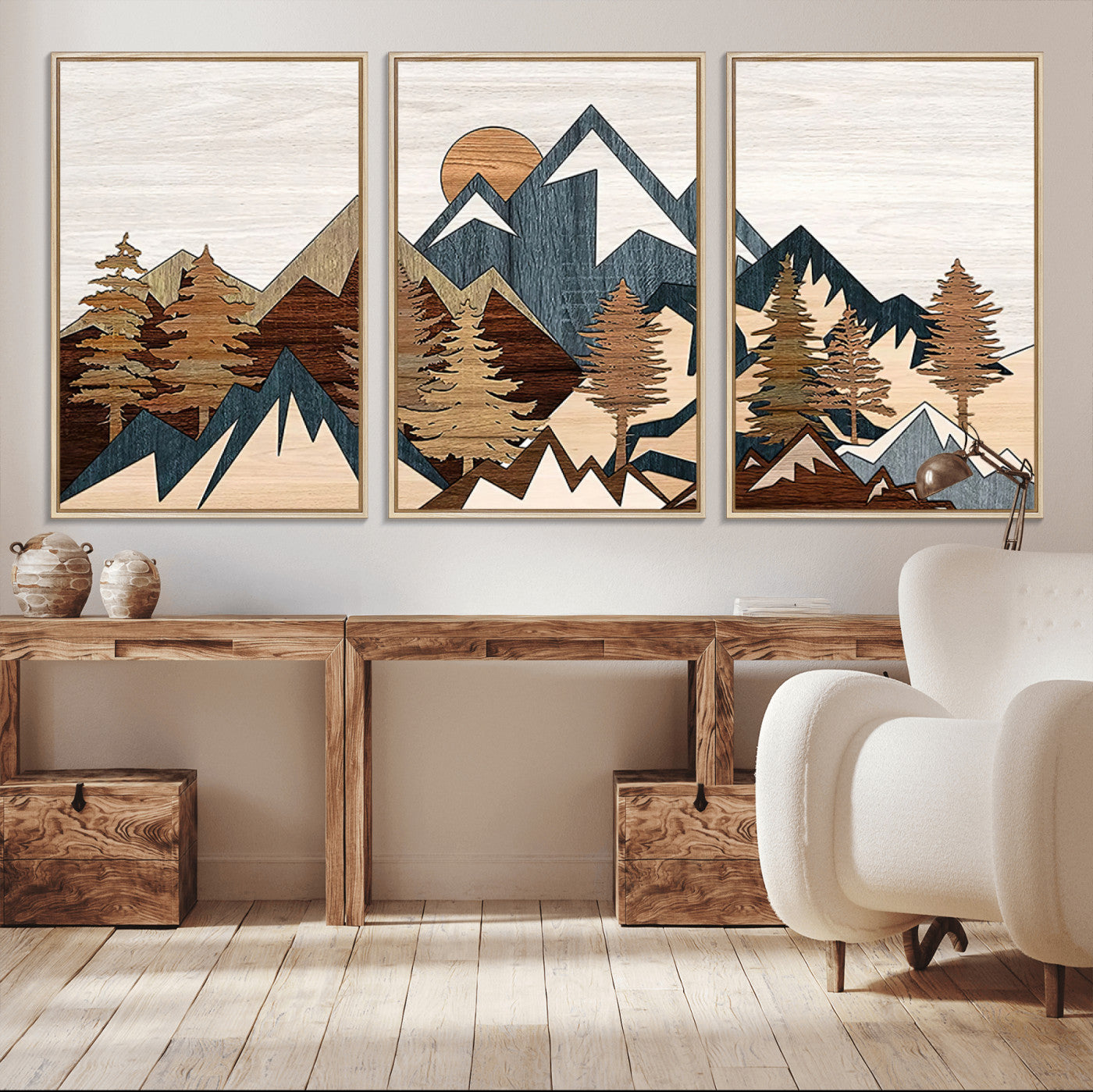 80300-MGV-CV-36X24-Geometric Mountains Wall Art Canvas Print, Framed Stylized Trees Art Picture Print, Graphic Forest Perfect Rustic Abstract Decor