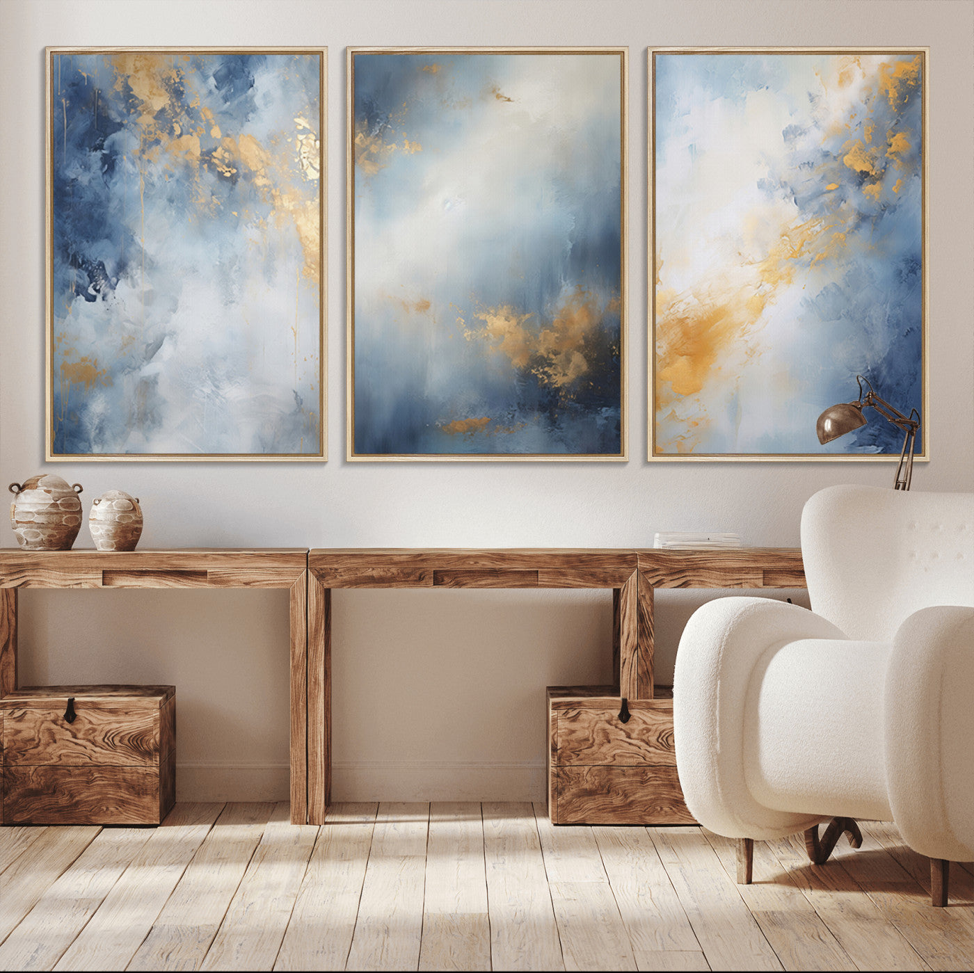 41836-MGV-CV-36X24-Abstract Gold Wall Art Canvas Print, Framed Blue Layers Art Picture Print, Elegant Cloud Perfect Elegant Minimalist Decor Artwork