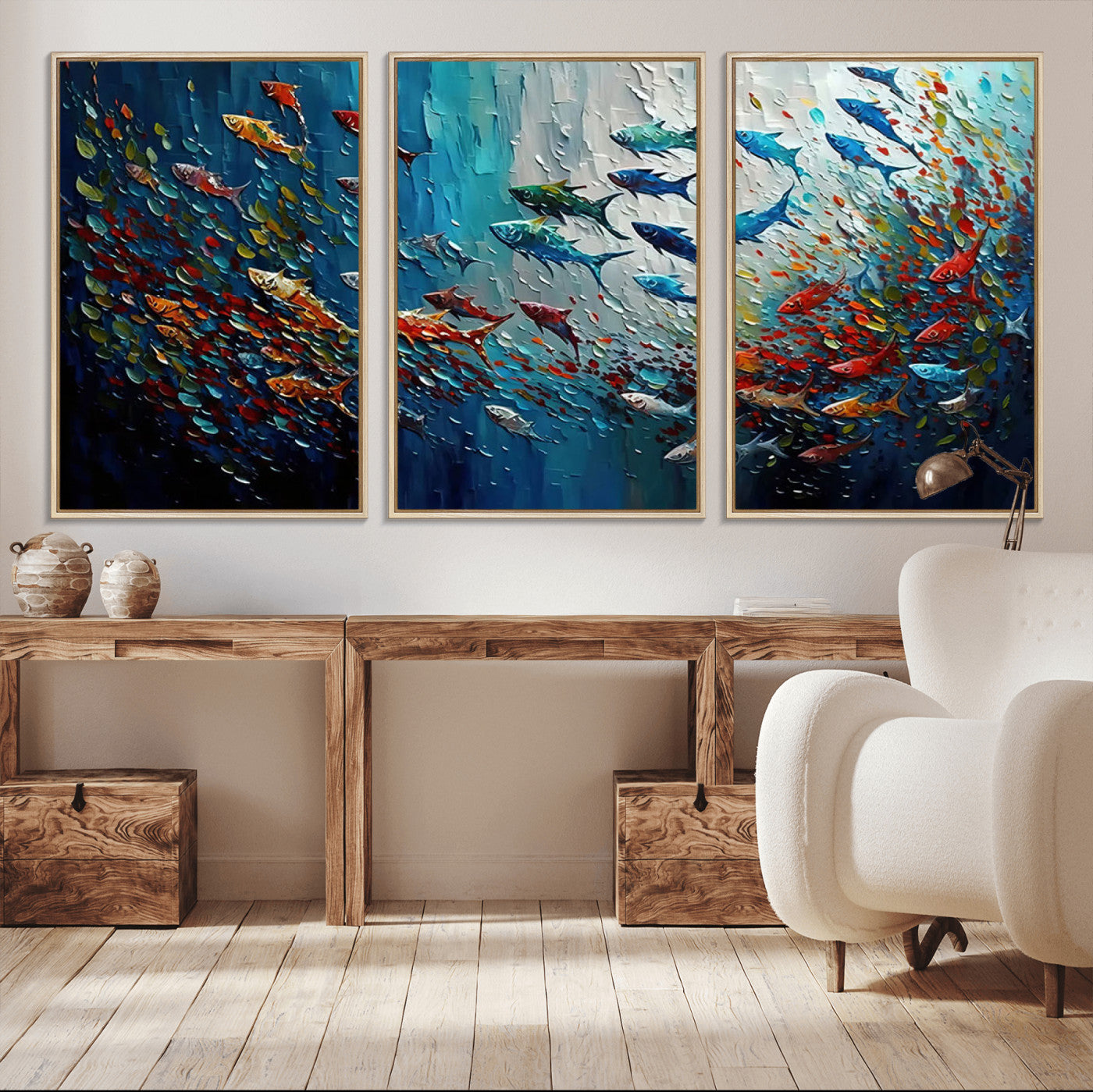 89626-MGV-CV-36X24-Fish Swarm Wall Art Canvas Print, Framed Abstract Ocean Art Picture Print, Underwater Life Perfect Vibrant Coastal Decor Artwork