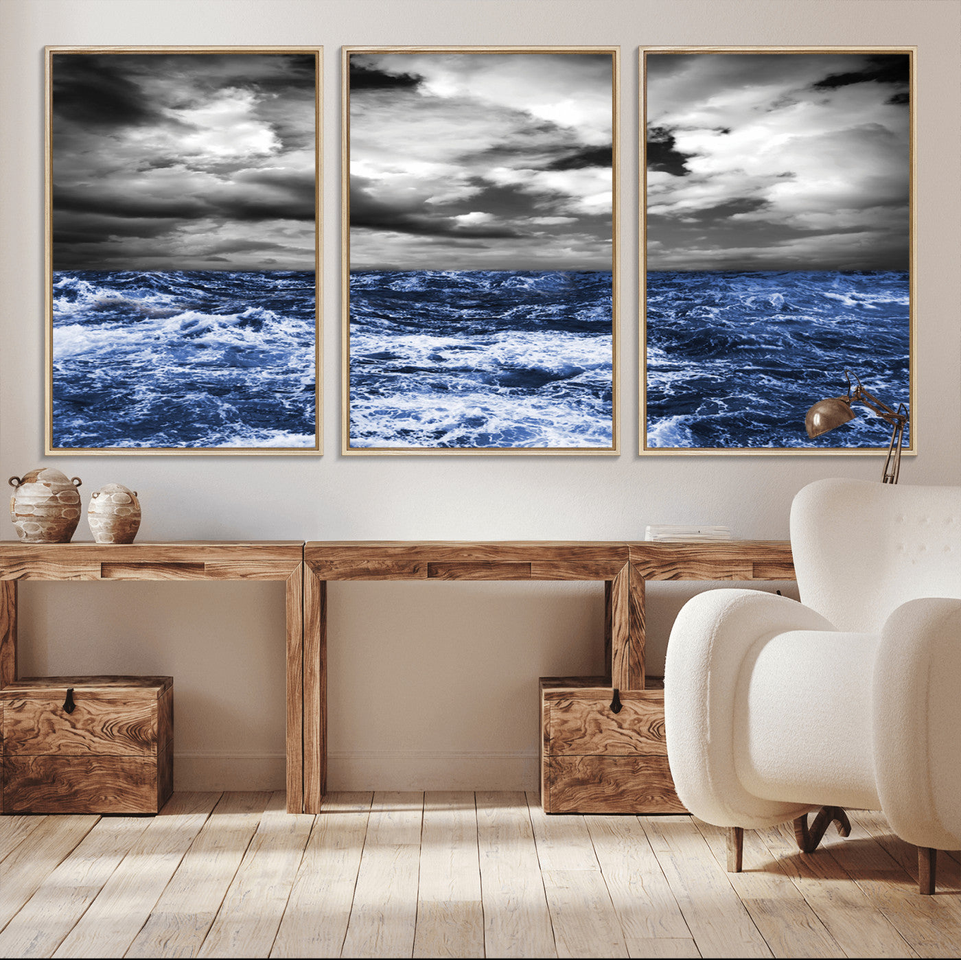 91043-MGV-CV-36X24-Stormy Ocean Wall Art Canvas Print, Framed Moody Seascape Art Picture Print, Monochrome Sea Perfect Coastal Drama Decor Artwork