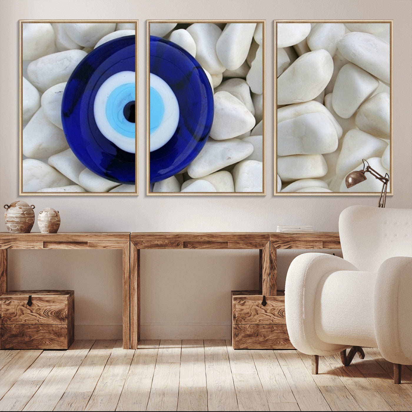48883-MGV-CV-36X24-Evil Eye Wall Art – Deep Blue Symbol of Presence and Calm on White Stones, Subtle Spiritual Decor for Entryway, Studio, Office or