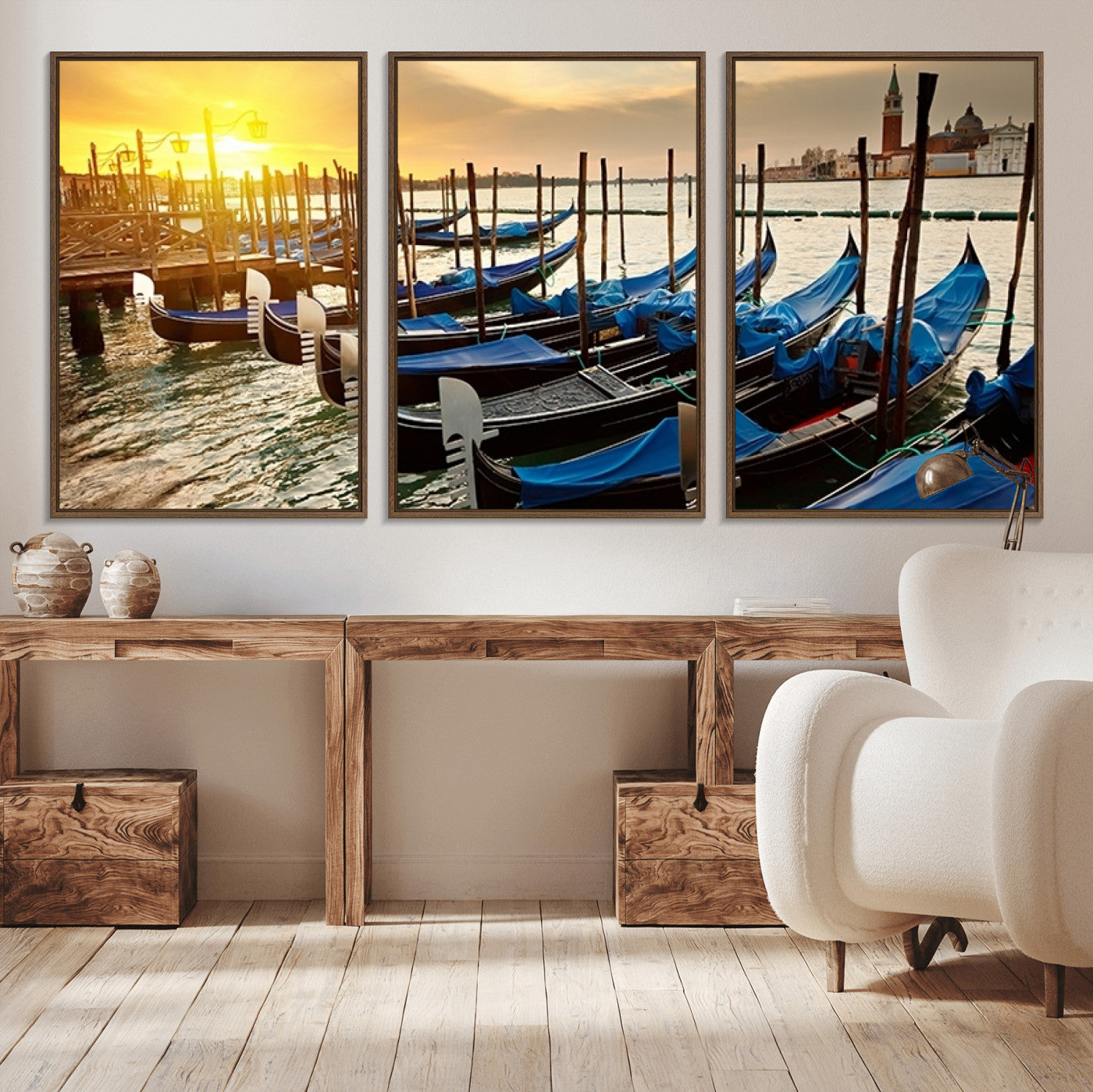 25872-MGV-CV-36X24-Venetian Gondola Dock Wall Art – Serene Sunset Canal Canvas Print, Tranquil Water Travel Decor for Office, Living Room, or Man
