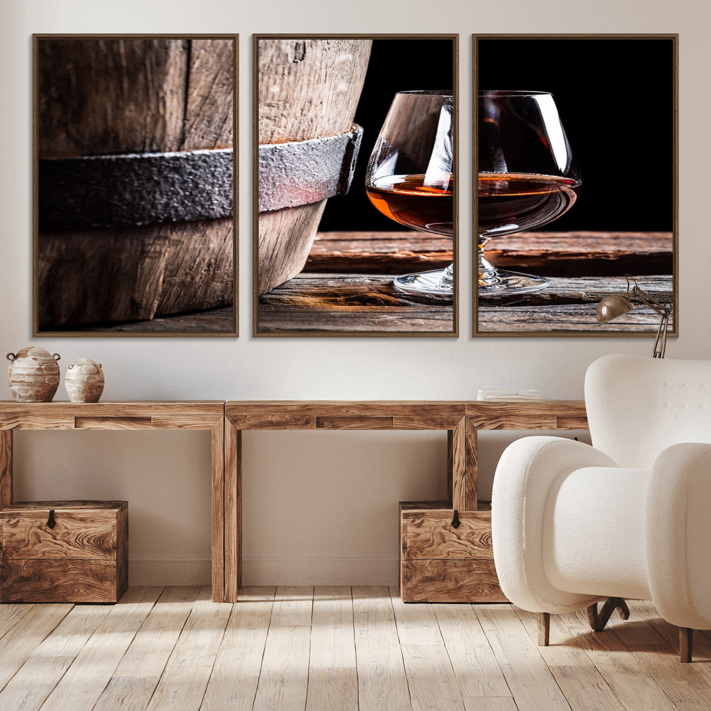 50839-MGV-CV-36X24-Barrel & Brandy Wall Art – Rustic Whiskey Barrel and Brandy Glass Canvas Print, Elegant Home Bar or Lounge Decor for Office, Man