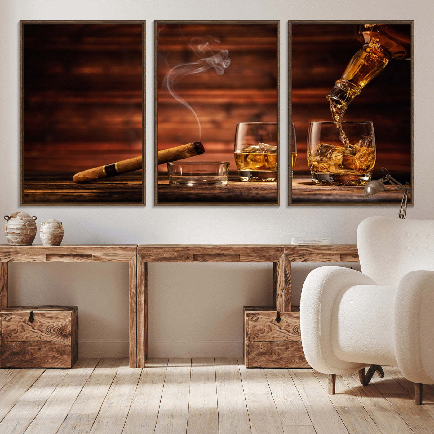 91042-MGV-FC-60X30-3P_Walnut-Whiskey & Cigar Wall Art – Elegant Whiskey Pour and Smoldering Cigar Canvas Print, Sophisticated Bar or Lounge Decor for Home,