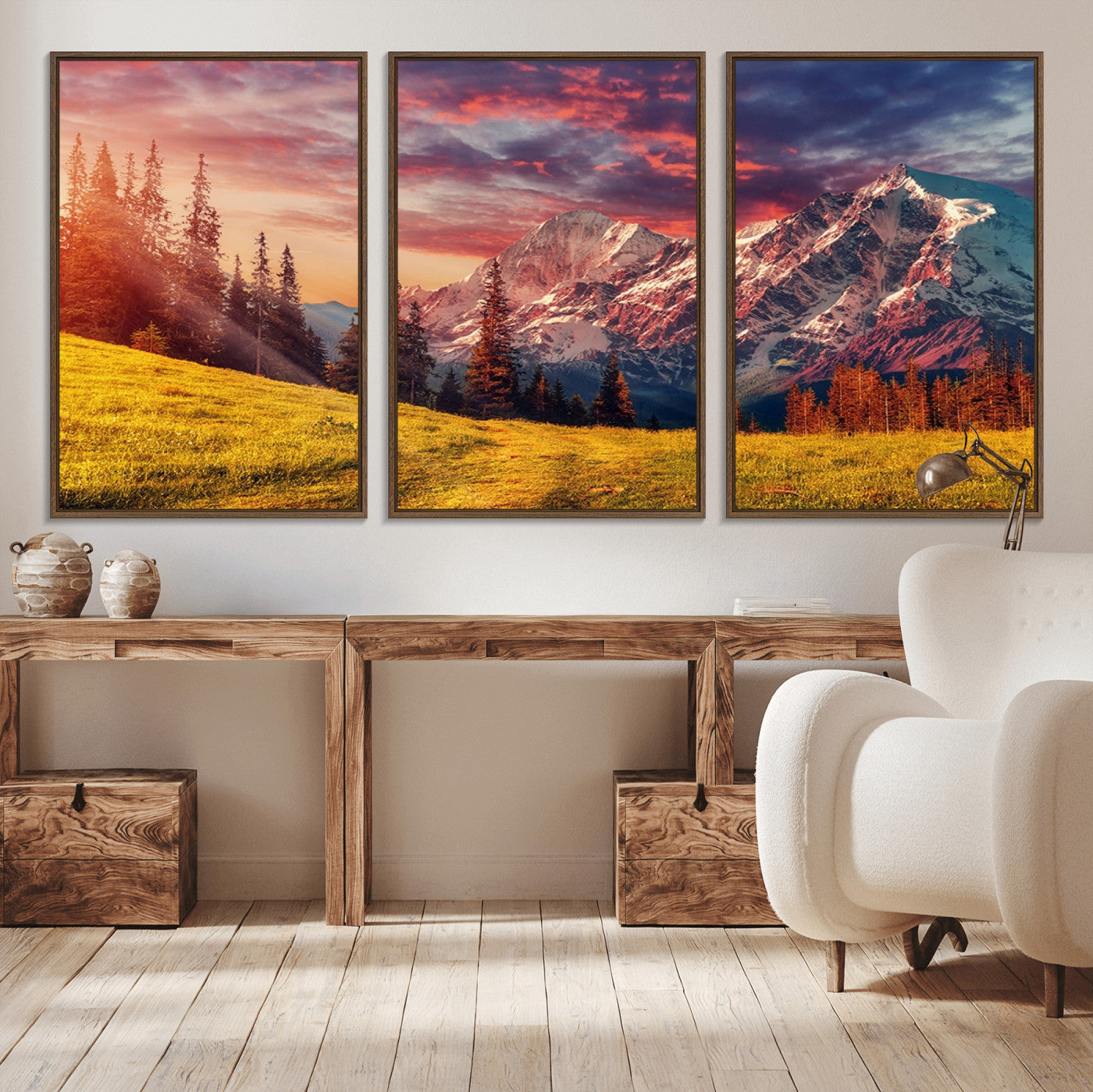 83947-MGV-FC-60X30-3P_Walnut-Sunset Mountain Landscape Wall Art – Panoramic Alpine Meadow and Snow Capped Peaks Canvas Print, Nature Scenic Decor for Home,