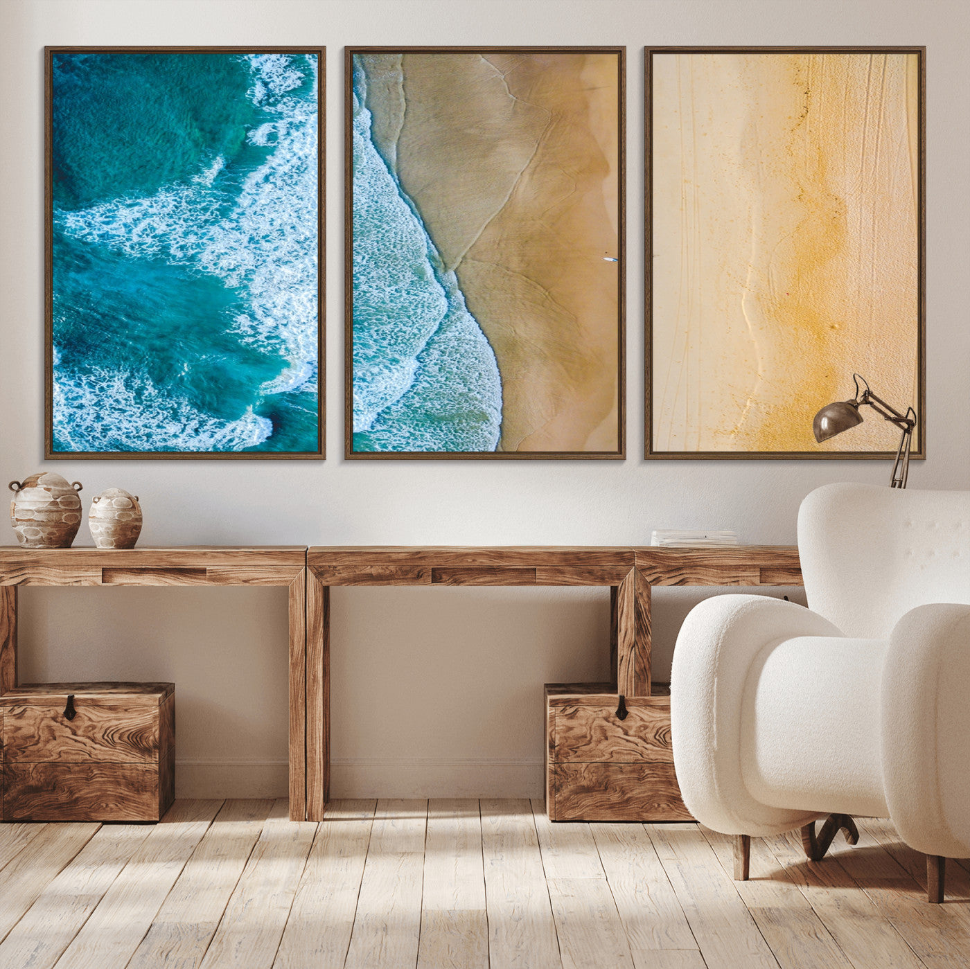 46640-MGV-CV-36X24-Aerial Beach Wall Art – Turquoise Waves and Golden Sand Canvas Print with Lone Surfer, Coastal Ocean Decor for Living Room,