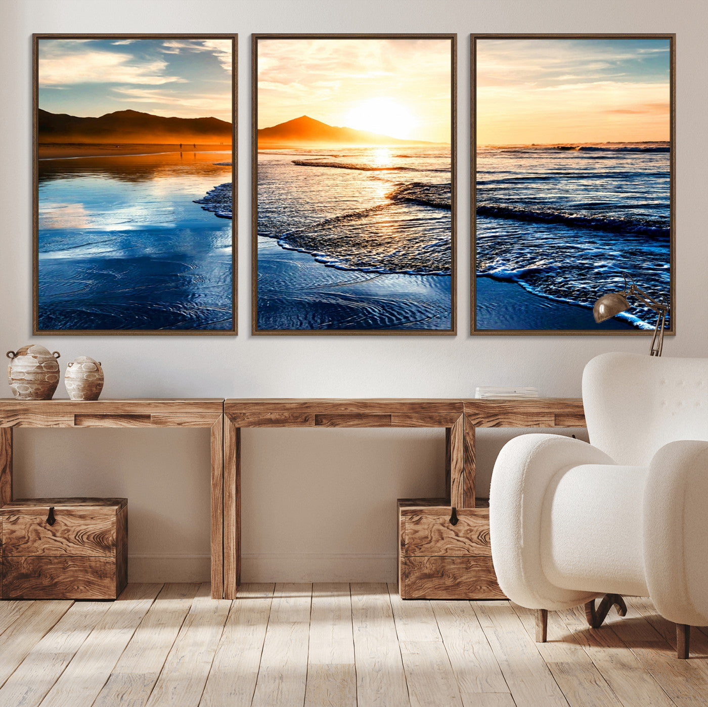 86173-MGV-CV-36X24-Golden Sunset Beach Wall Art – Reflective Ocean Canvas Print with Mountains and Waves, Coastal Nature Decor for Living Room,