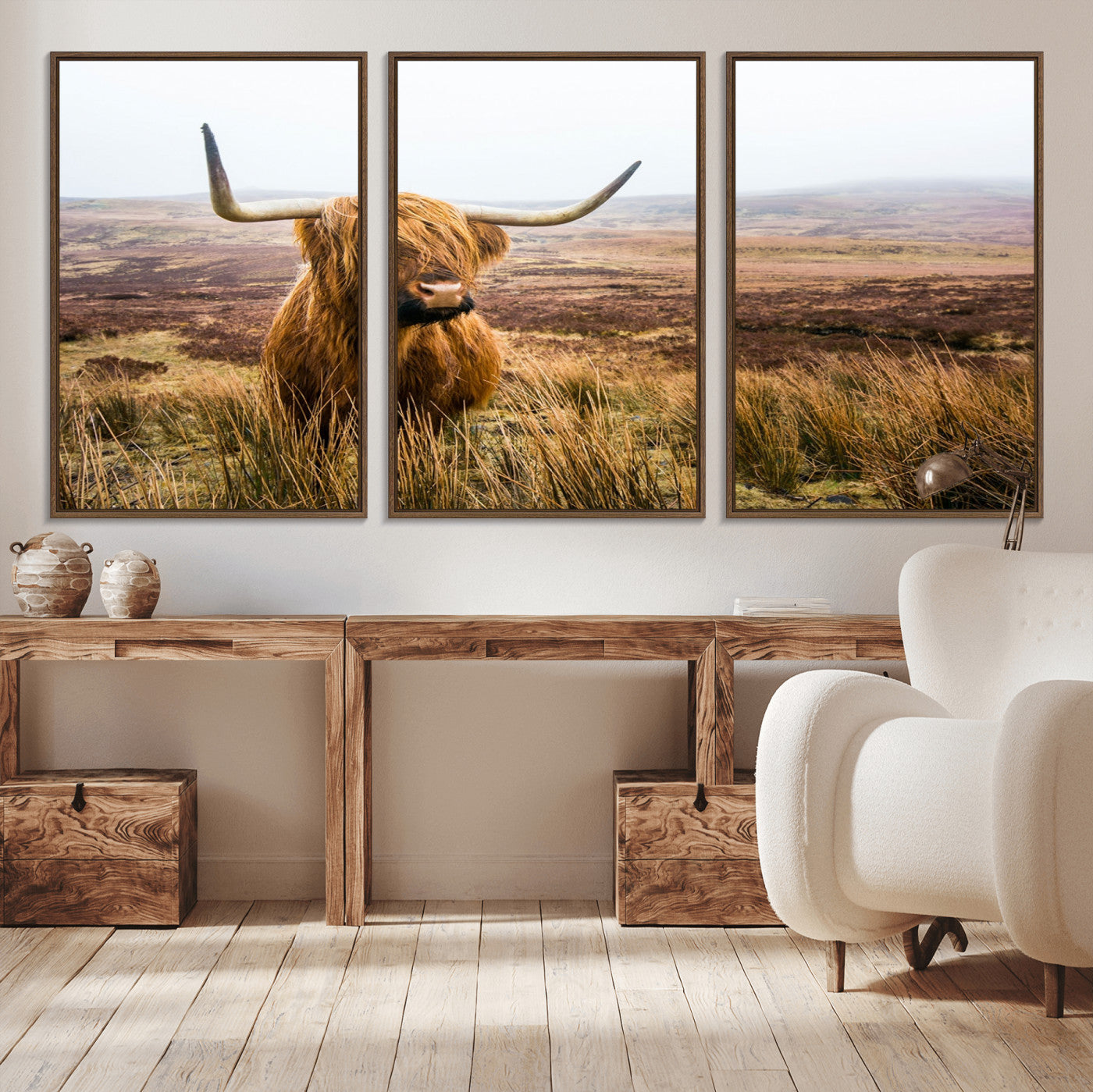 79391-MGV-CV-36X24-Majestic Highland Cow in Misty Scottish Moorland – Rustic Natural Charm, Perfect for Unique Home or Office Decor